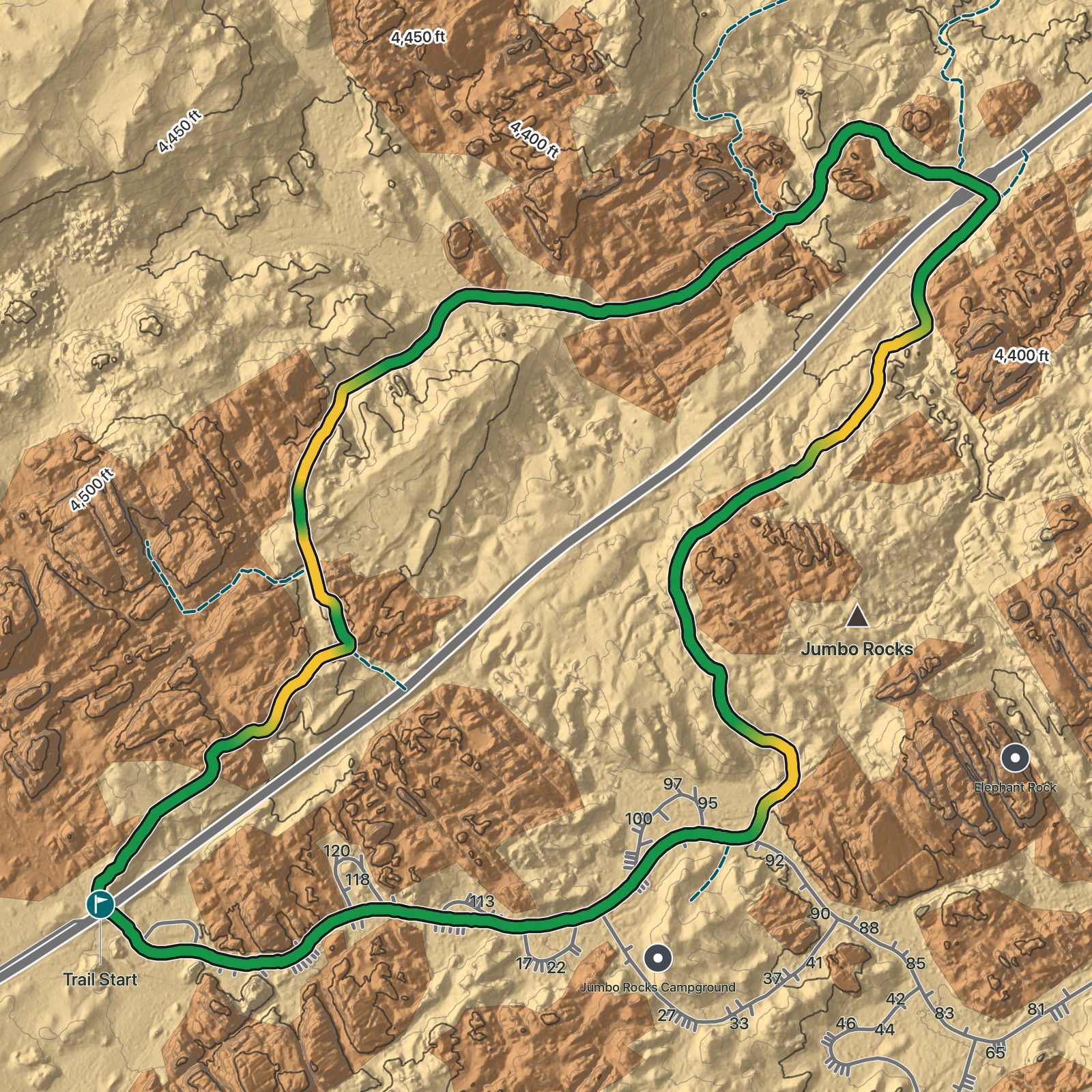 Terrain map of Skull Rock and Jumbo Rocks Loop in Joshua Tree National Park