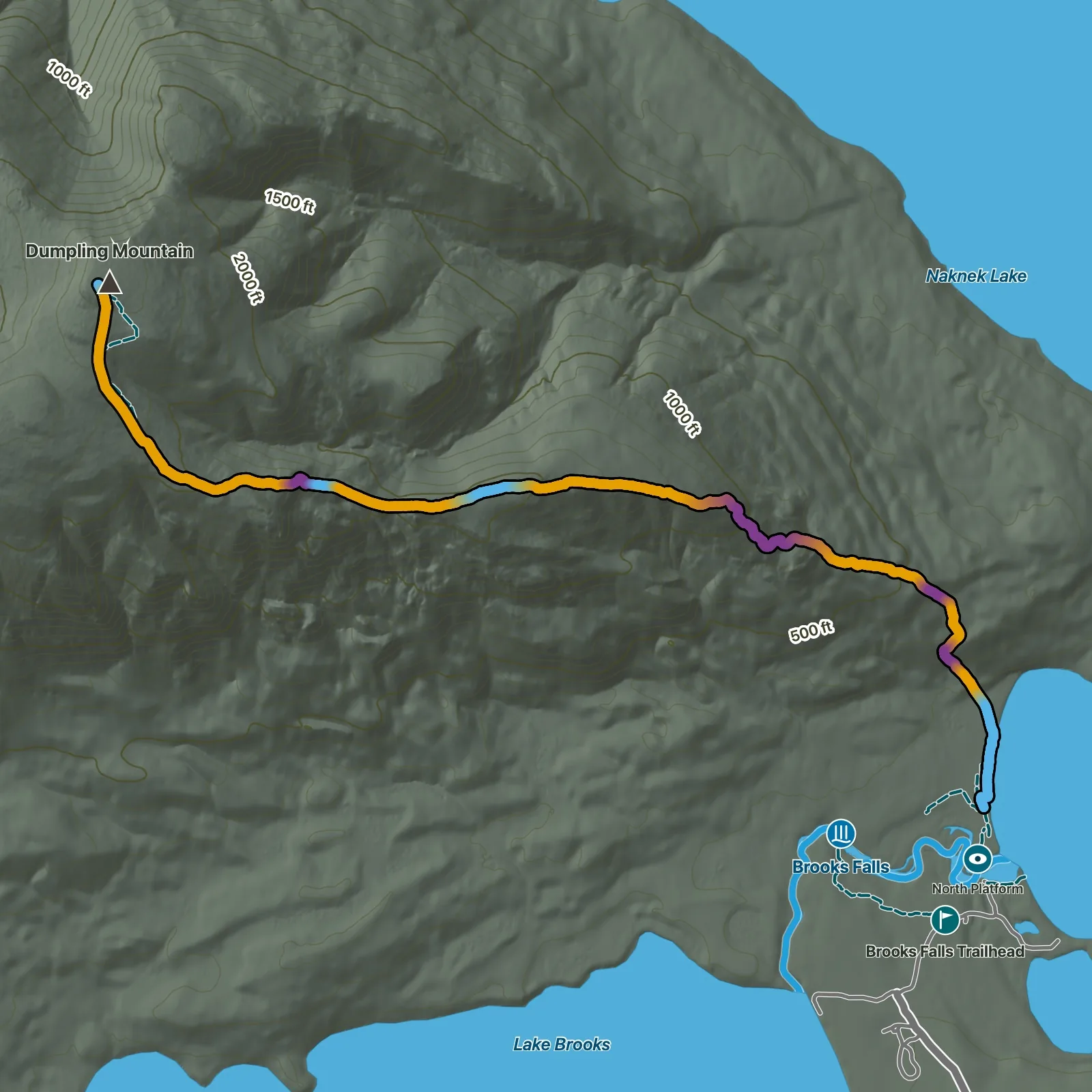 Terrain map of Dumpling Mountain Trail in Katmai National Park & Preserve