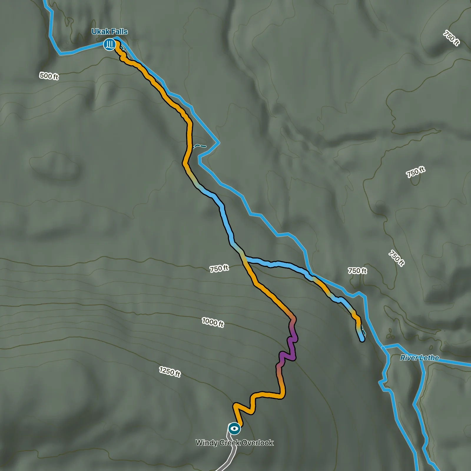 Terrain map of Ukak Falls and Windy Creek Overlook in Katmai National Park & Preserve