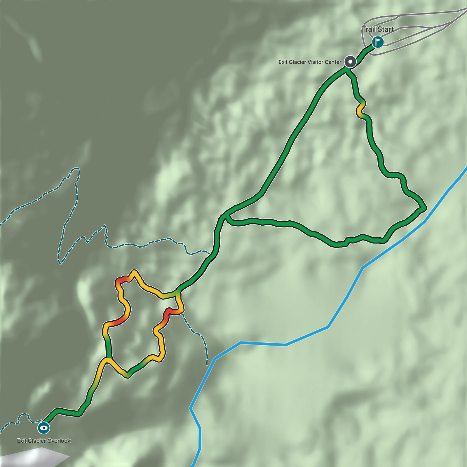Terrain map of Exit Glacier View and Overlook Loop in Kenai Fjords National Park