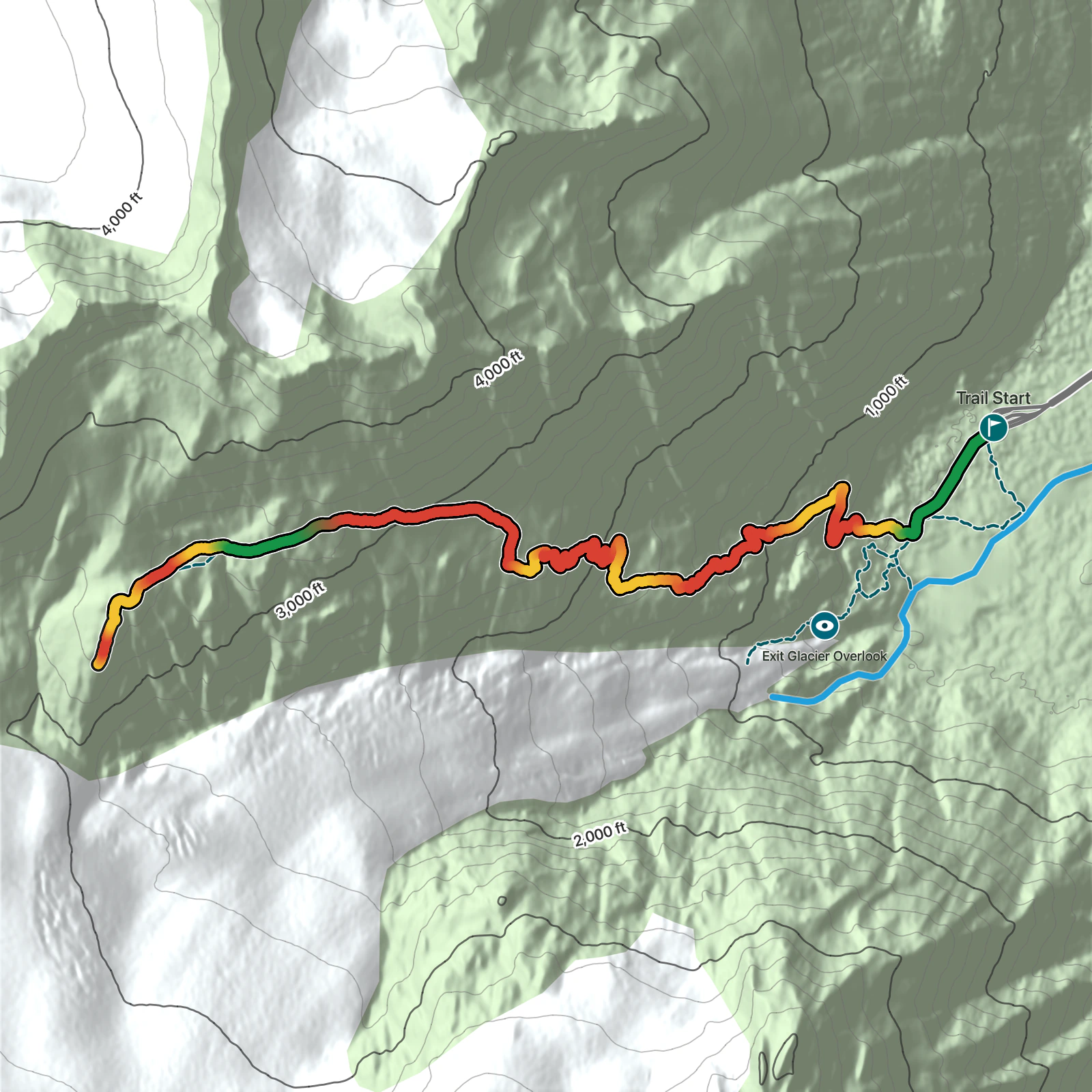 Terrain map of Harding Icefield Trail in Kenai Fjords National Park