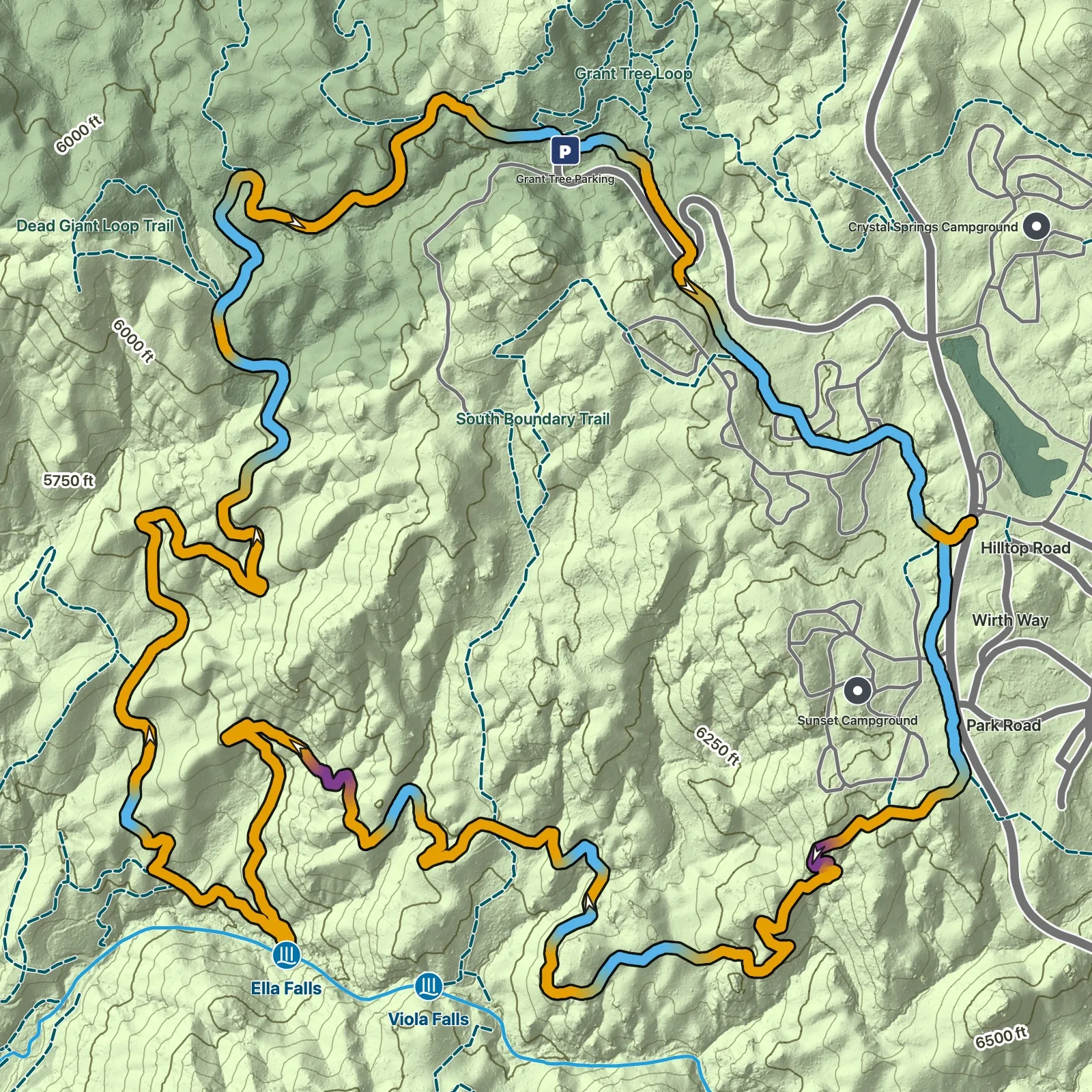 Terrain map of Ella Falls Loop in Kings Canyon National Park
