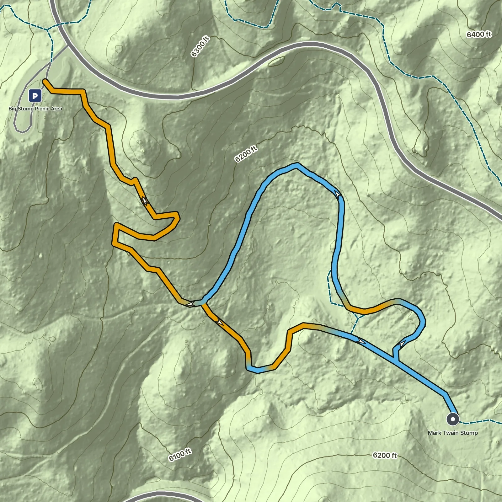 Terrain map of Big Stump Trail to Mark Twain Stump in Kings Canyon National Park