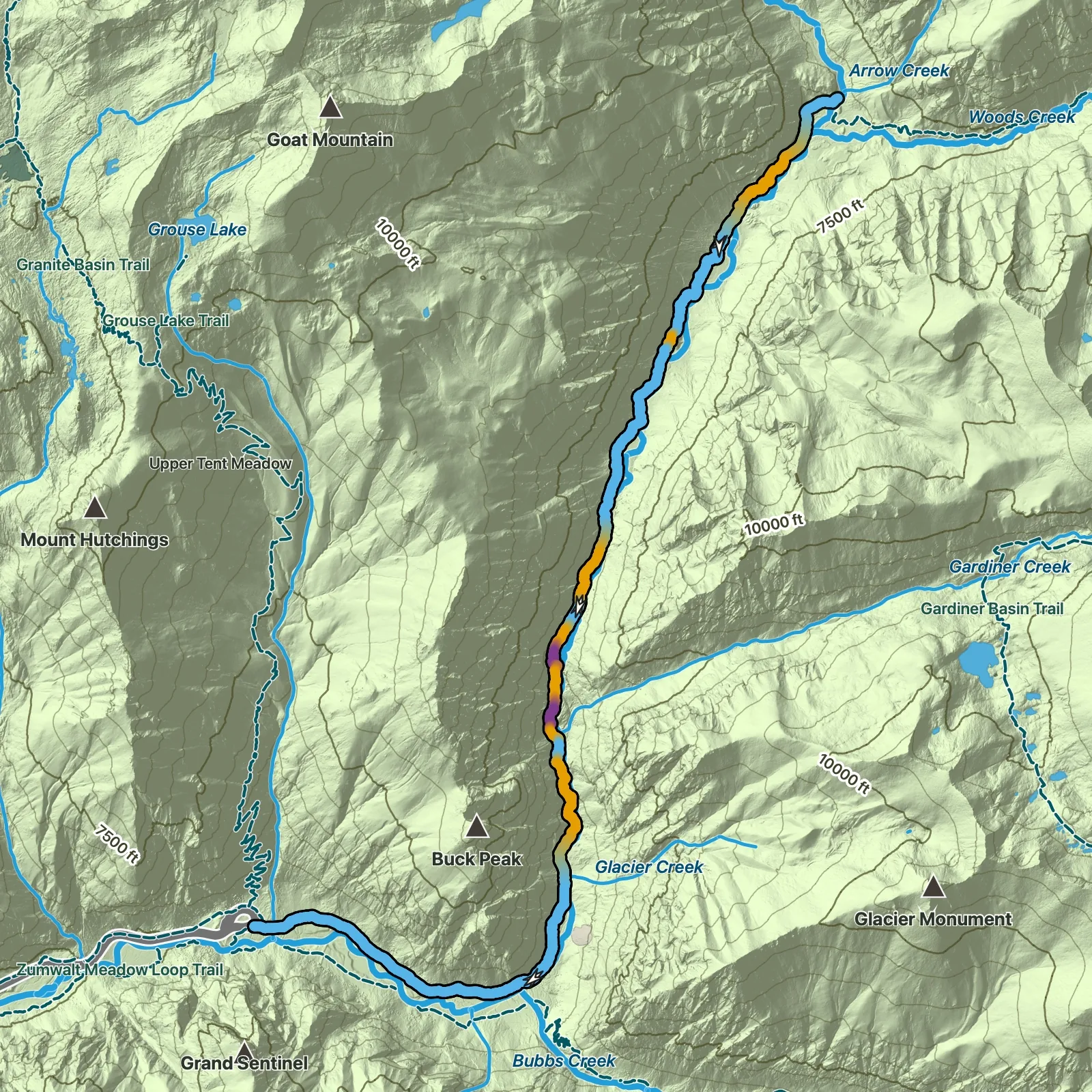 Terrain map of Paradise Valley Trail in Kings Canyon National Park