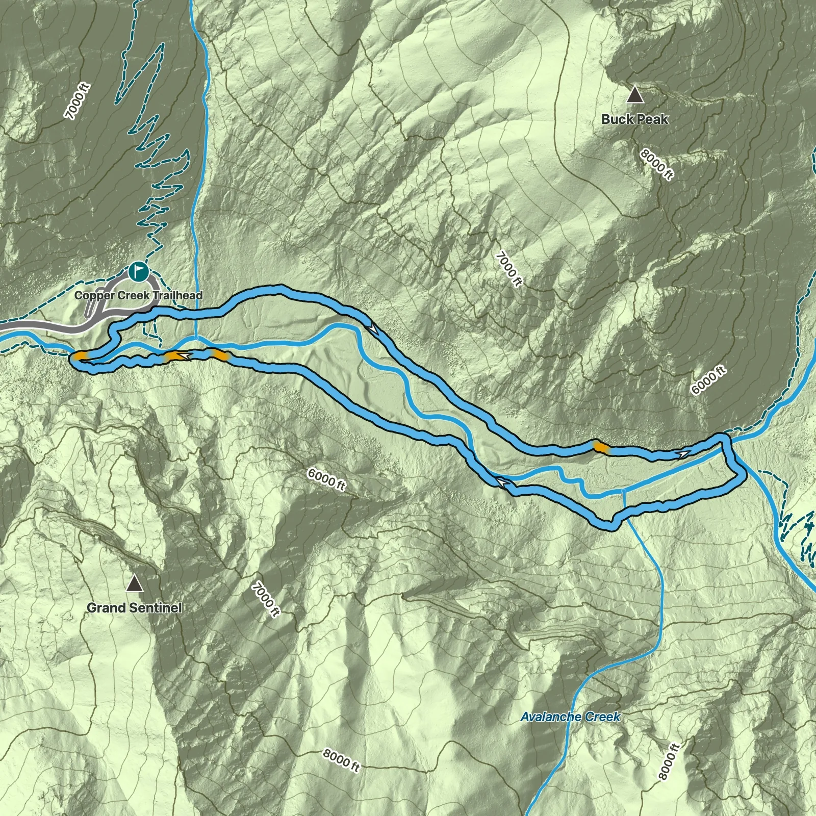 Terrain map of Road's End to Bailey Bridge in Kings Canyon National Park