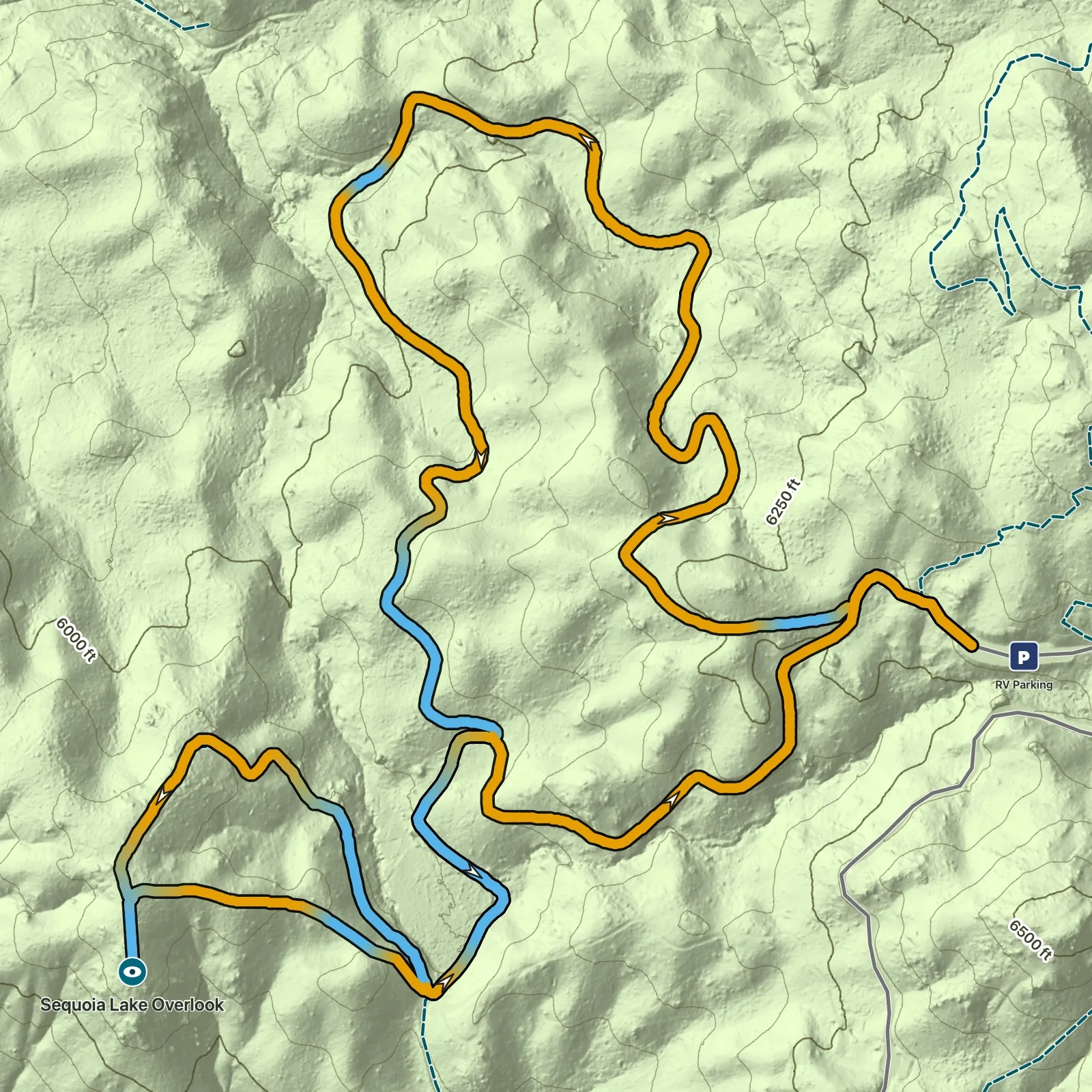 Terrain map of North Grove and Dead Giant Loop to Sequoia Lake Overlook in Kings Canyon National Park