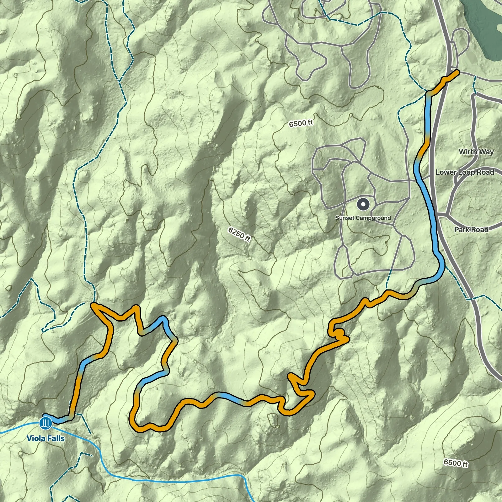 Terrain map of Viola Falls in Kings Canyon National Park