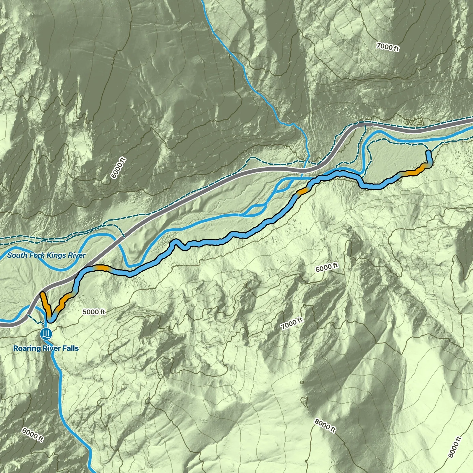 Terrain map of Zumwalt Meadow and Roaring River Falls in Kings Canyon National Park