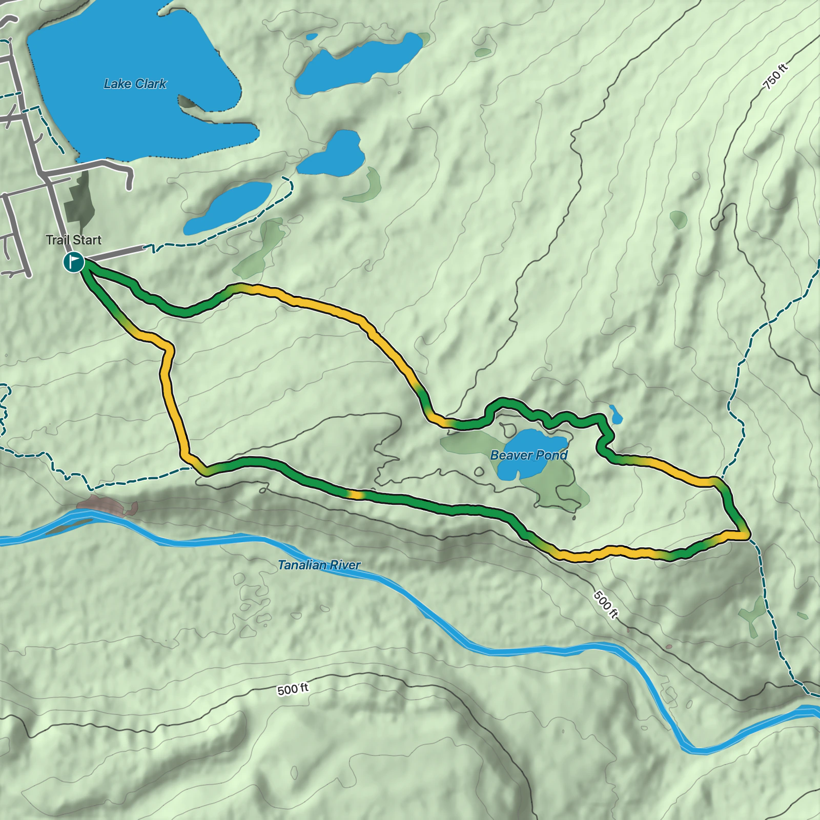 Terrain map of Beaver Pond Loop in Lake Clark National Park & Preserve