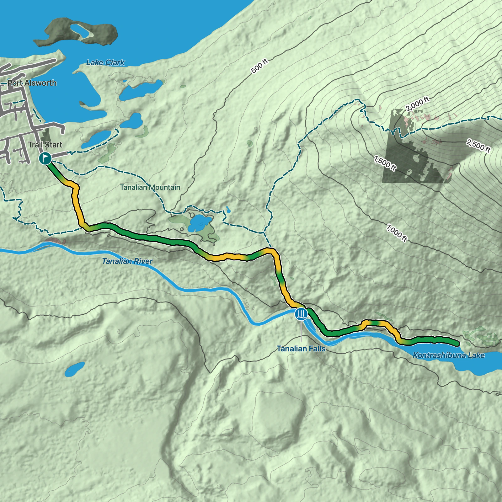 Terrain map of Kontrashibuna Lake via Tanalian Falls in Lake Clark National Park & Preserve