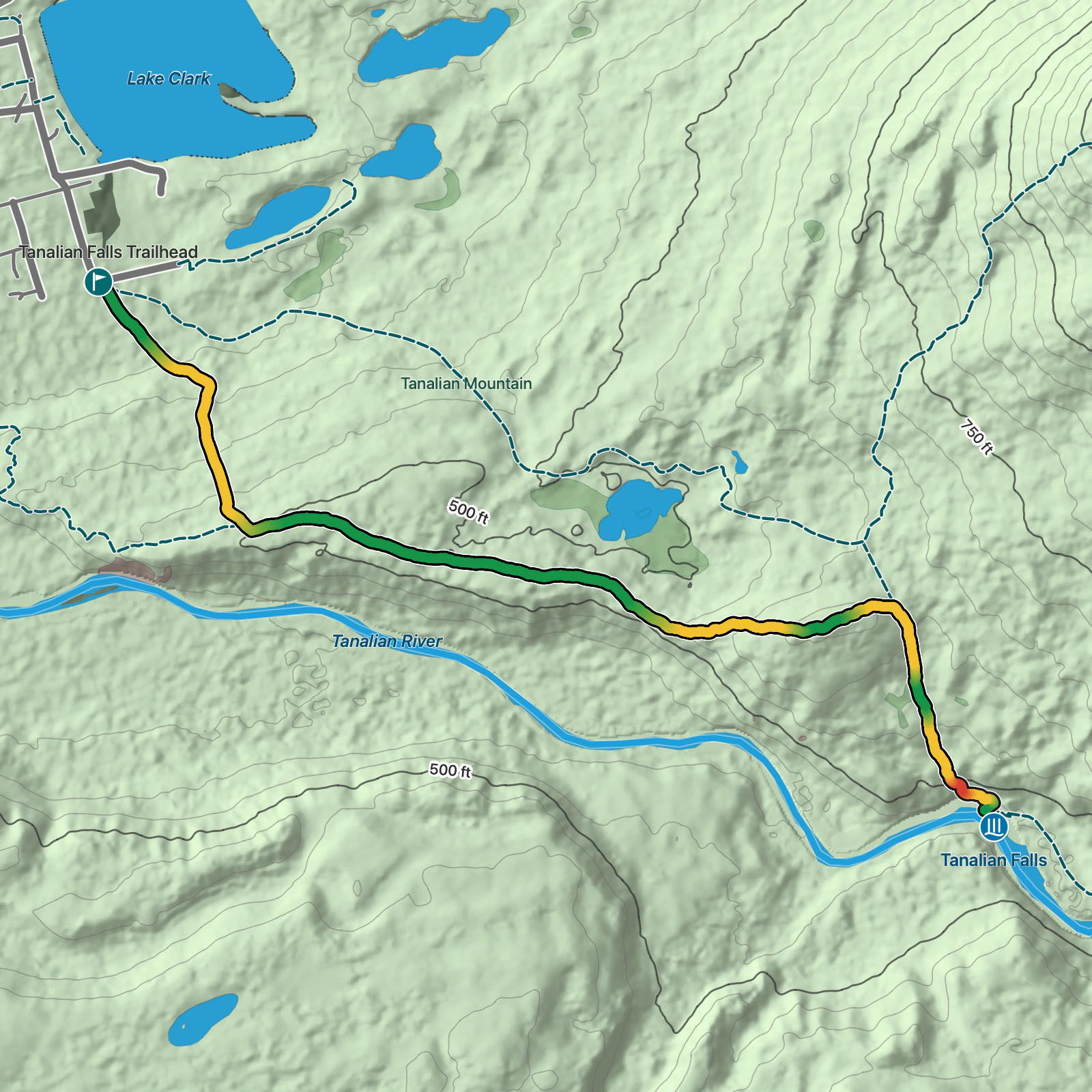 Terrain map of Tanalian Falls in Lake Clark National Park & Preserve