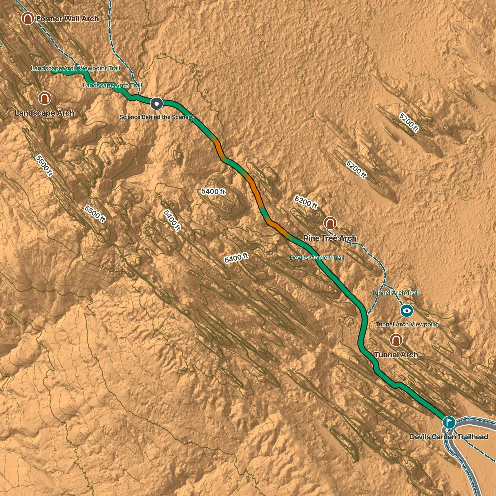 Terrain map of Landscape Arch Trail in Arches National Park