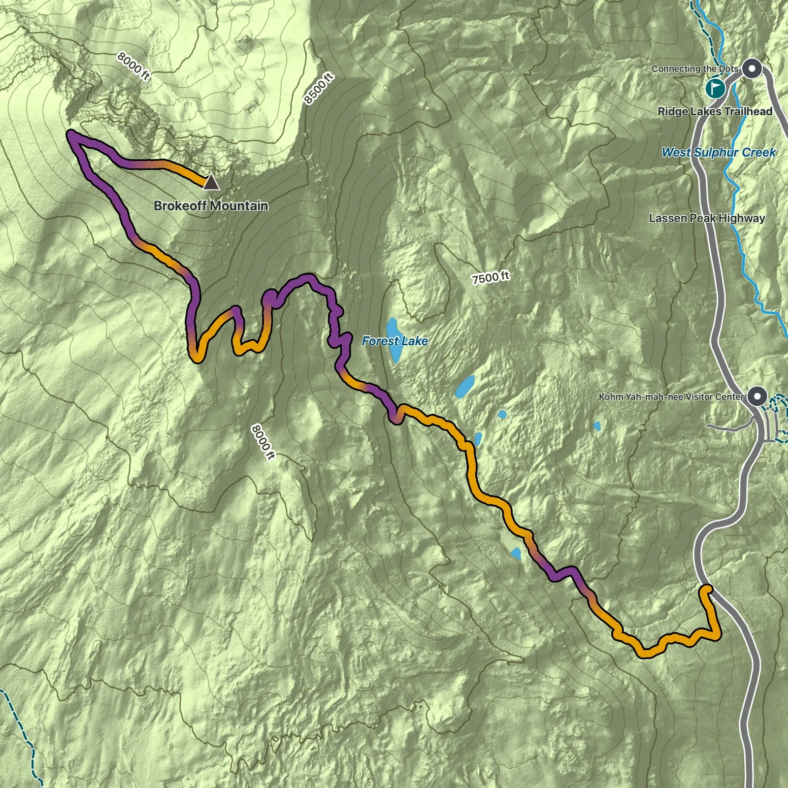 Terrain map of Brokeoff Mountain in Lassen Volcanic National Park