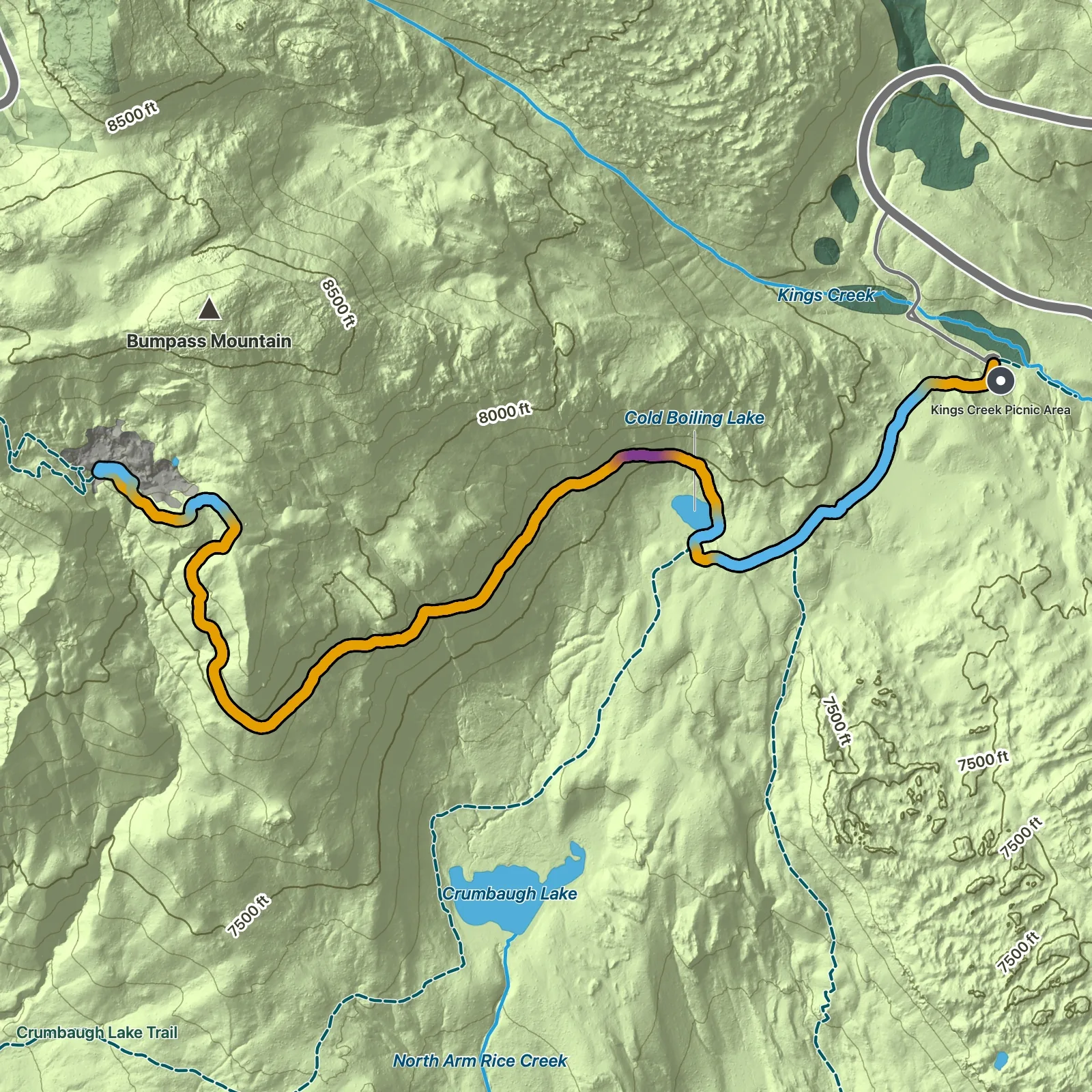 Terrain map of Cold Boiling Lake to Bumpass Hell in Lassen Volcanic National Park