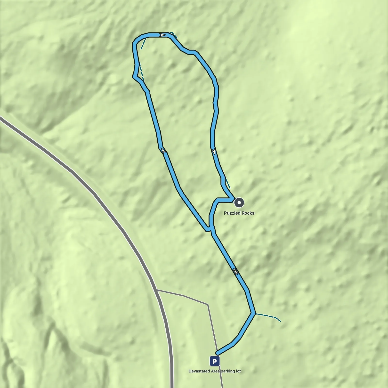 Terrain map of Devastated Area Interpretive Trail in Lassen Volcanic National Park