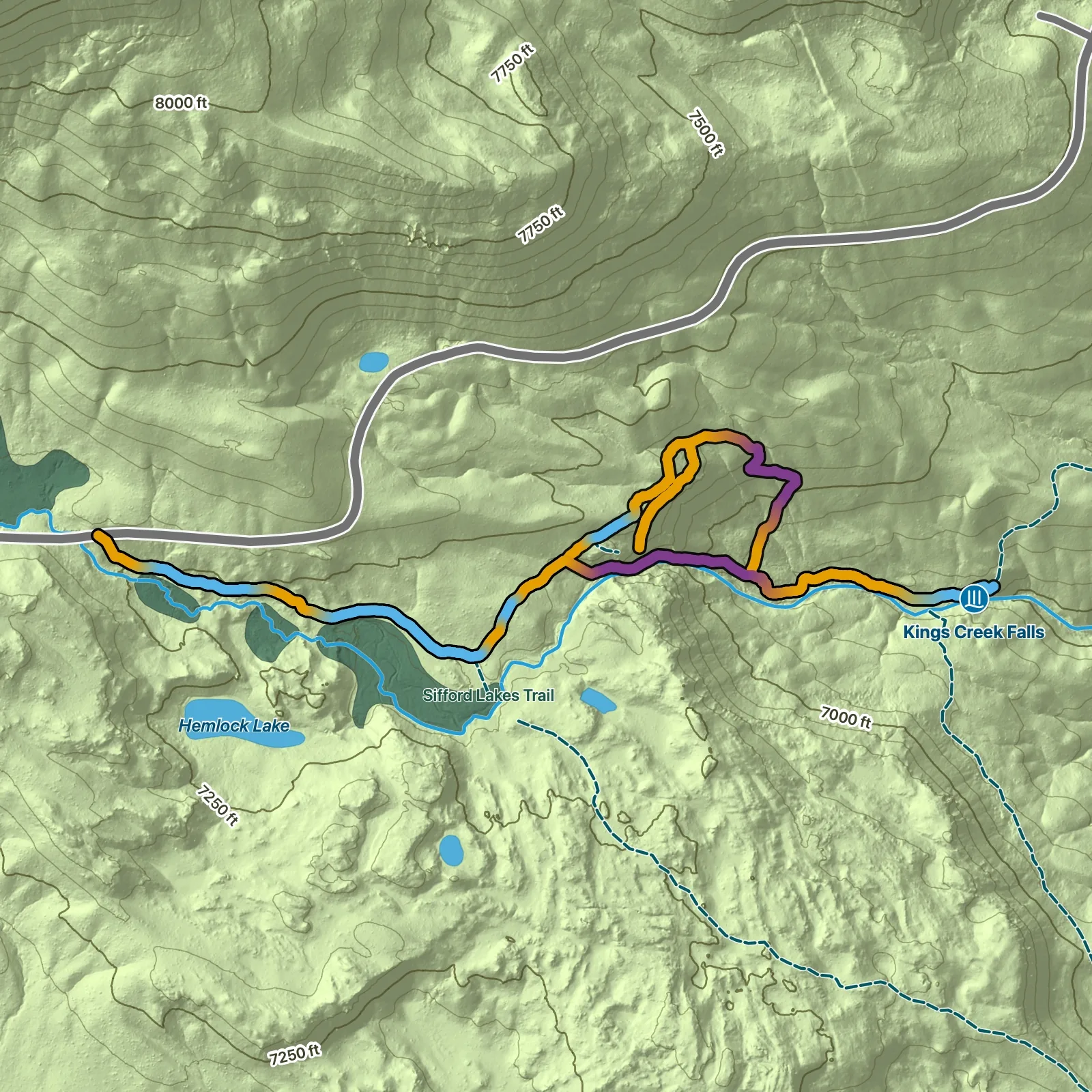 Terrain map of Kings Creek Falls Trail in Lassen Volcanic National Park