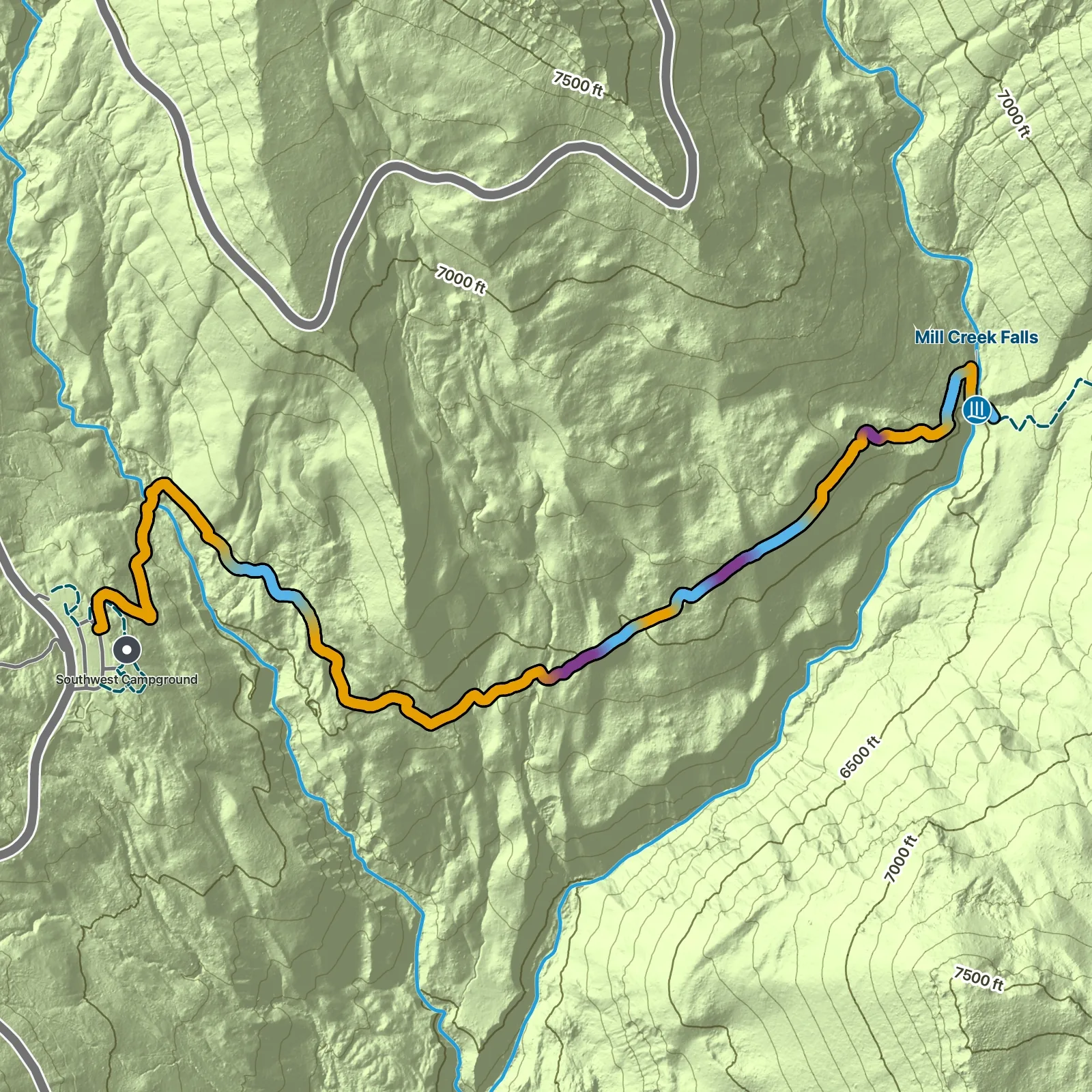 Terrain map of Mill Creek Falls Trail in Lassen Volcanic National Park