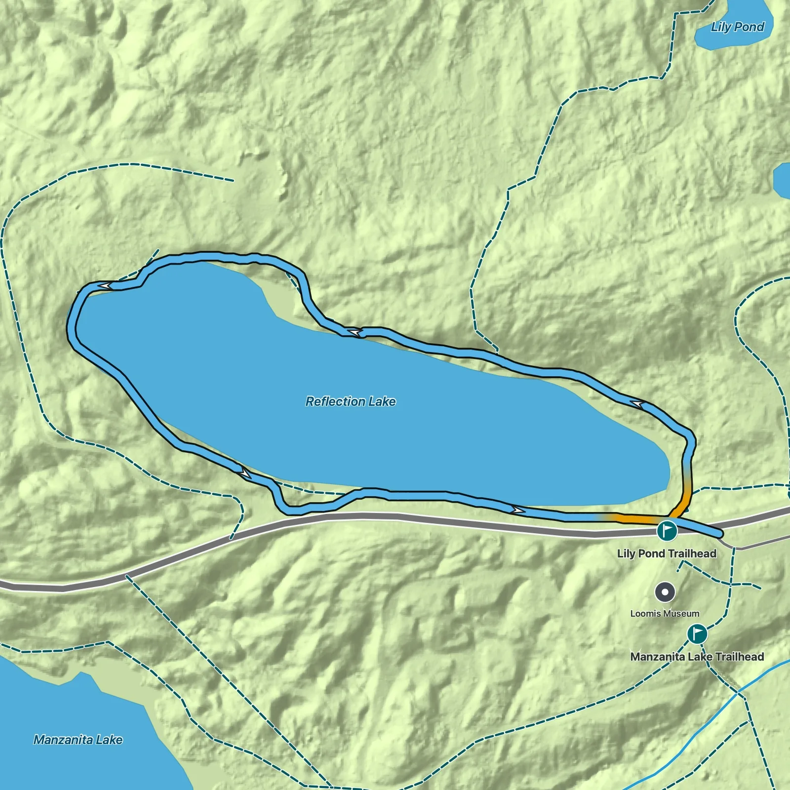 Terrain map of Reflection Lake Route in Lassen Volcanic National Park
