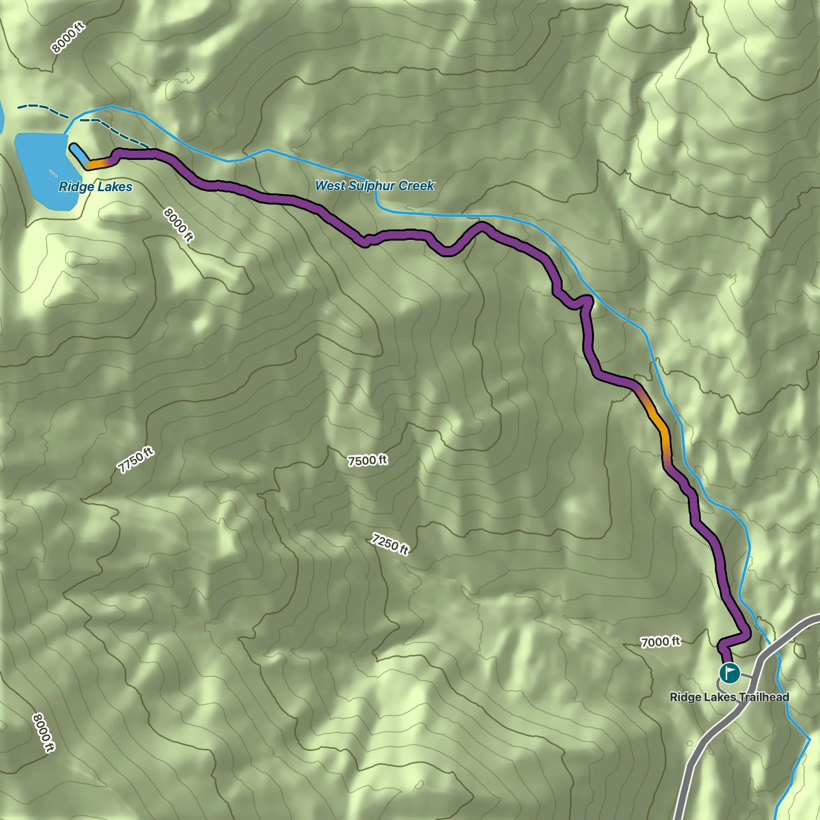 Terrain map of Ridge Lakes Trail in Lassen Volcanic National Park