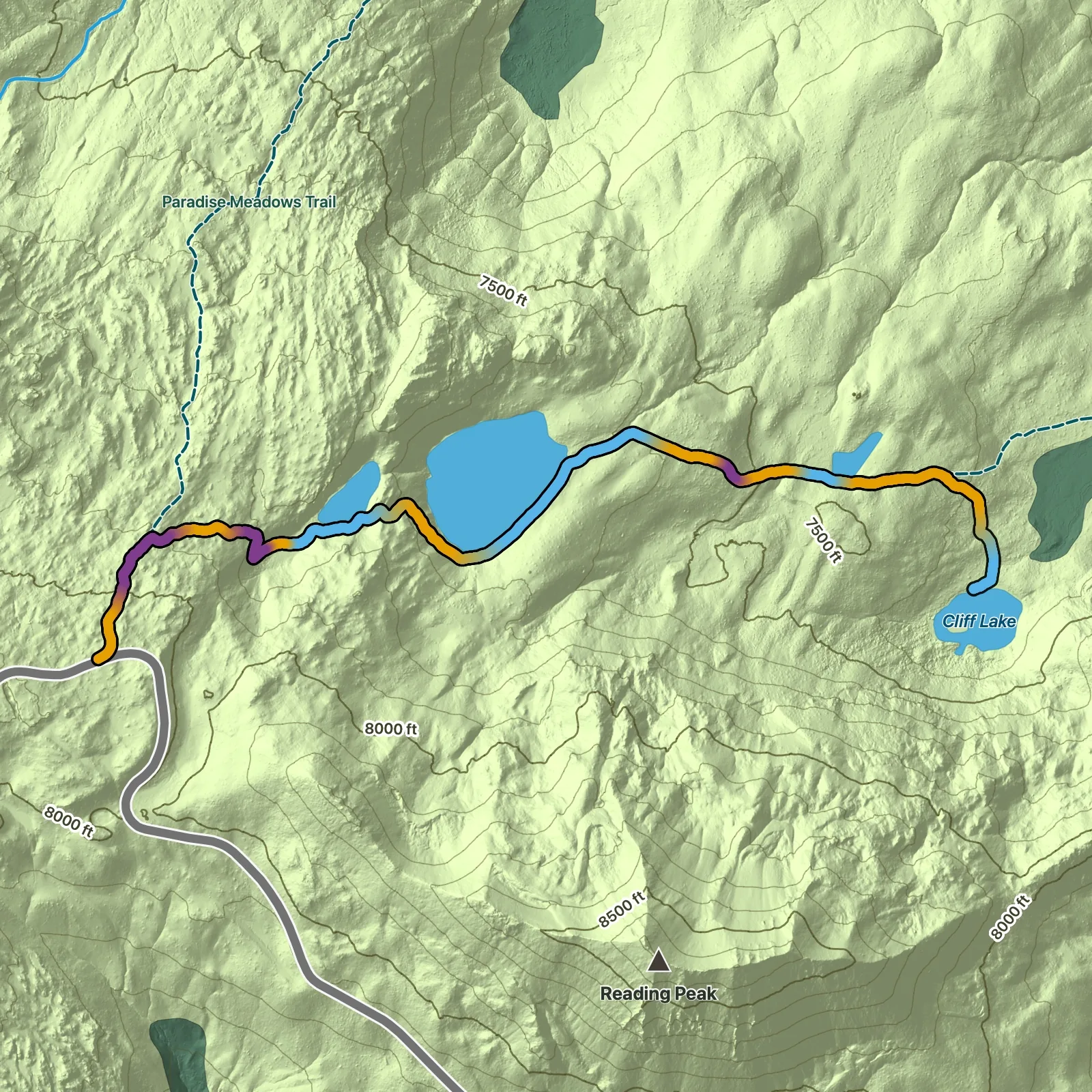 Terrain map of Terrace, Shadow, and Cliff Lakes in Lassen Volcanic National Park