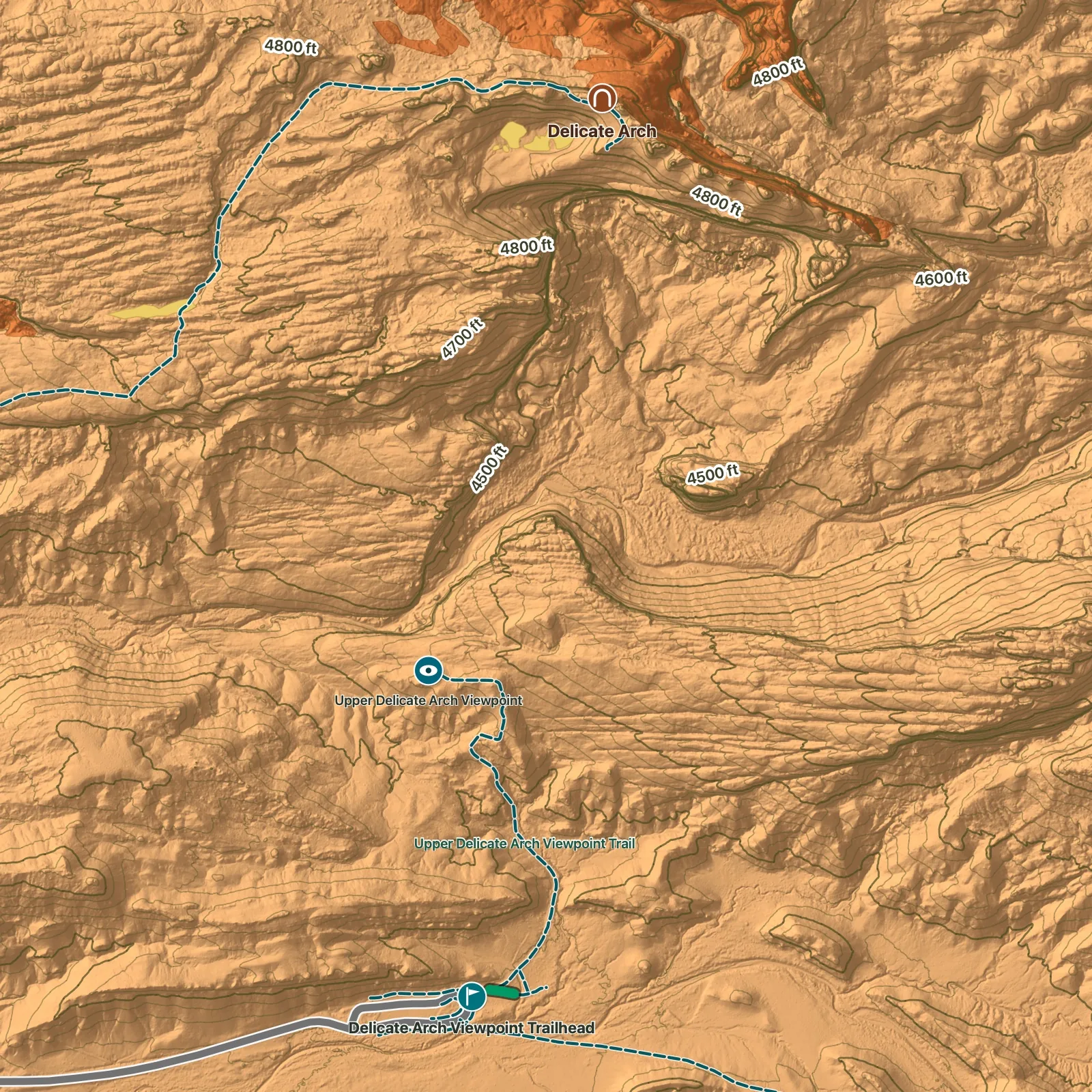 Terrain map of Lower Delicate Arch Viewpoint in Arches National Park
