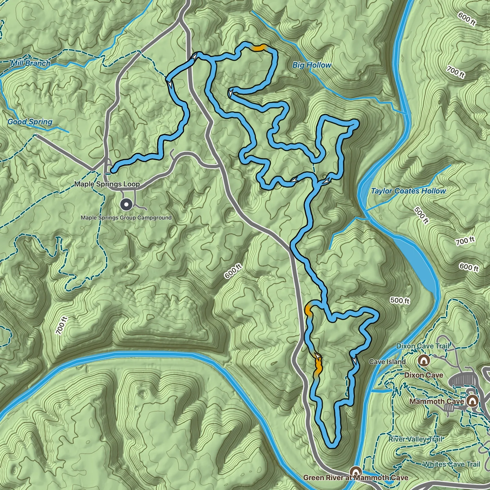 Terrain map of Big Hollow North and South Loops in Mammoth Cave National Park