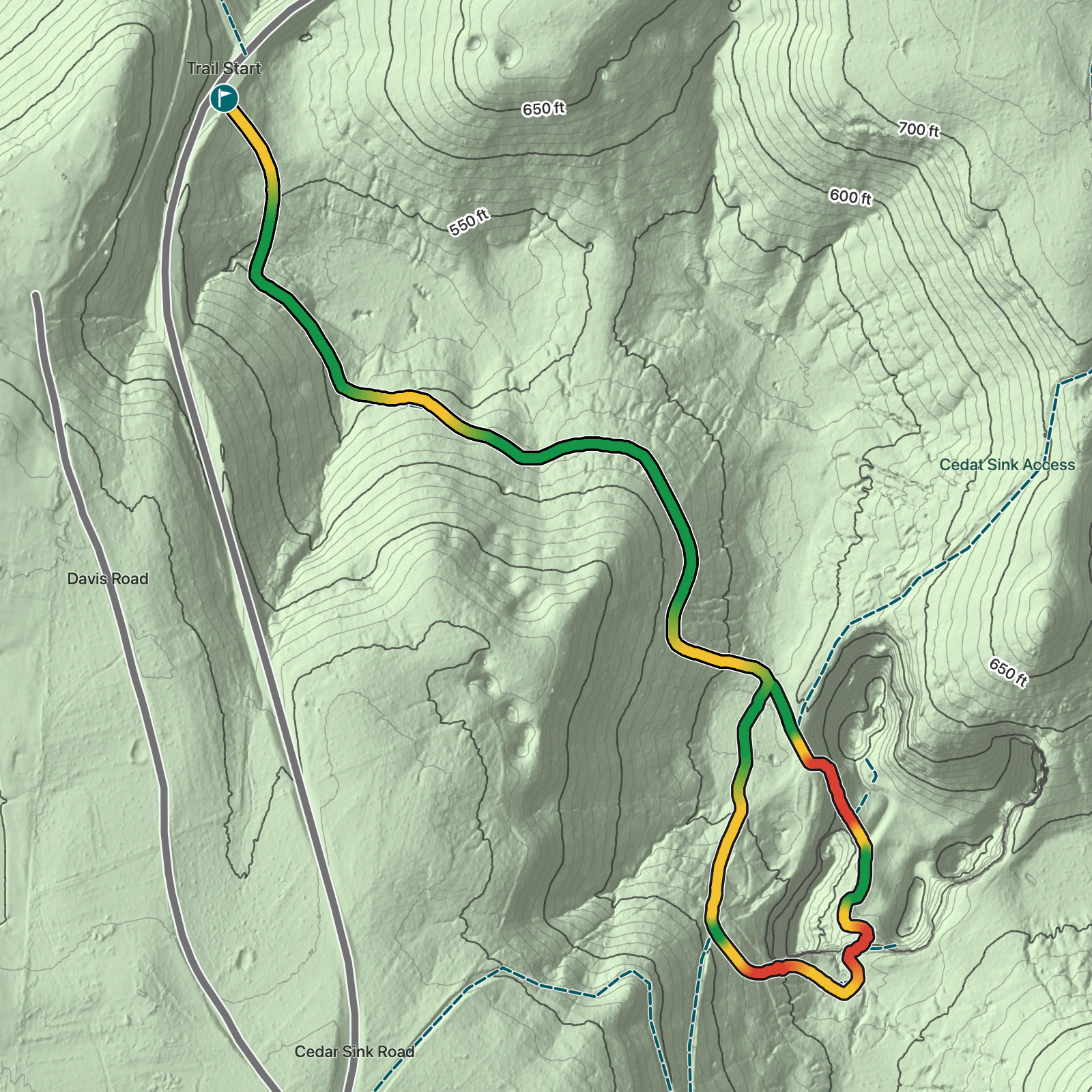 Terrain map of Cedar Sink Trail in Mammoth Cave National Park
