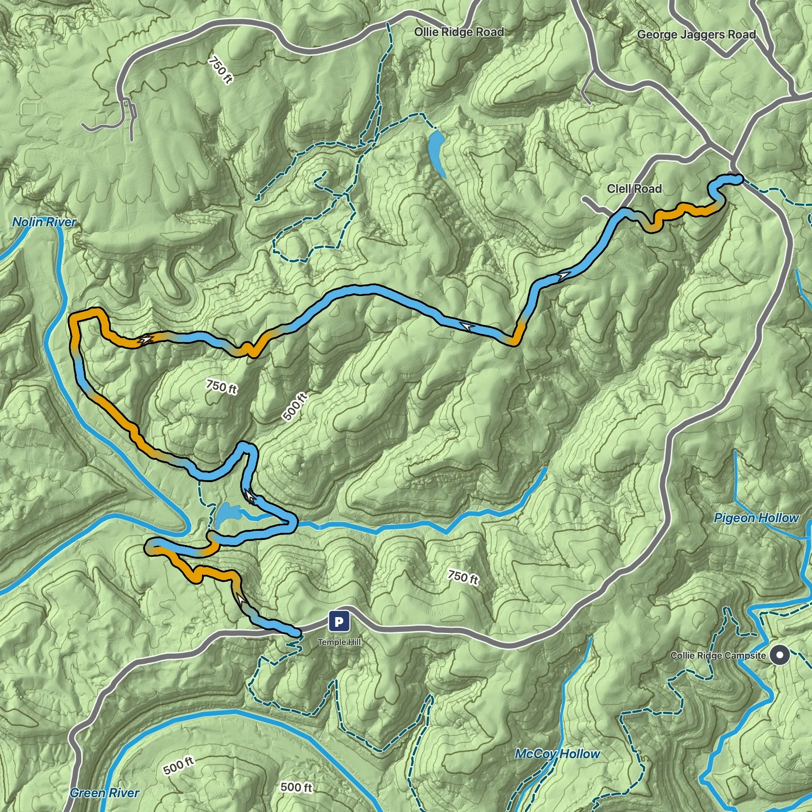Terrain map of Mammoth Creek–First Creek Trail in Mammoth Cave National Park