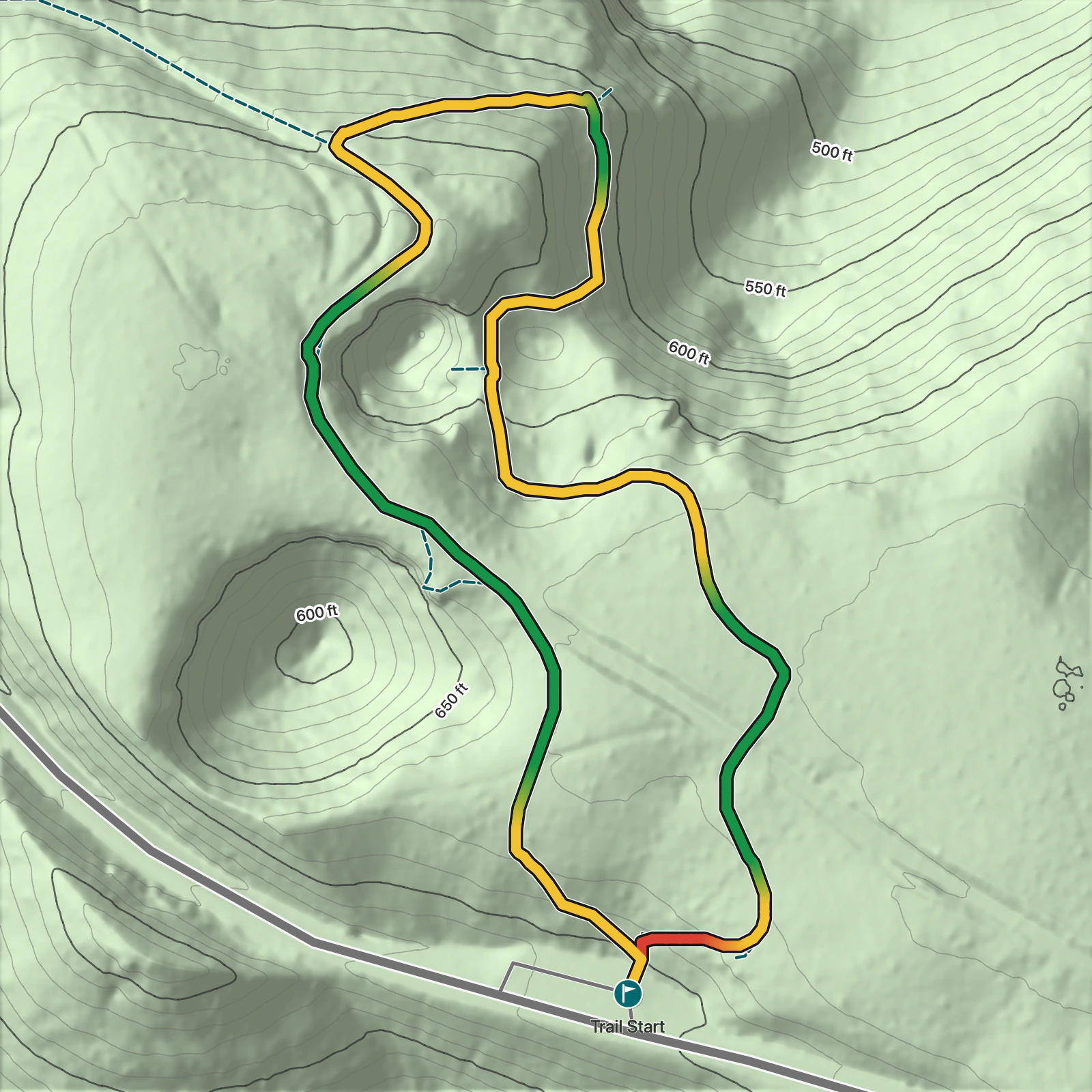 Terrain map of Turnhole Bend Nature Trail in Mammoth Cave National Park