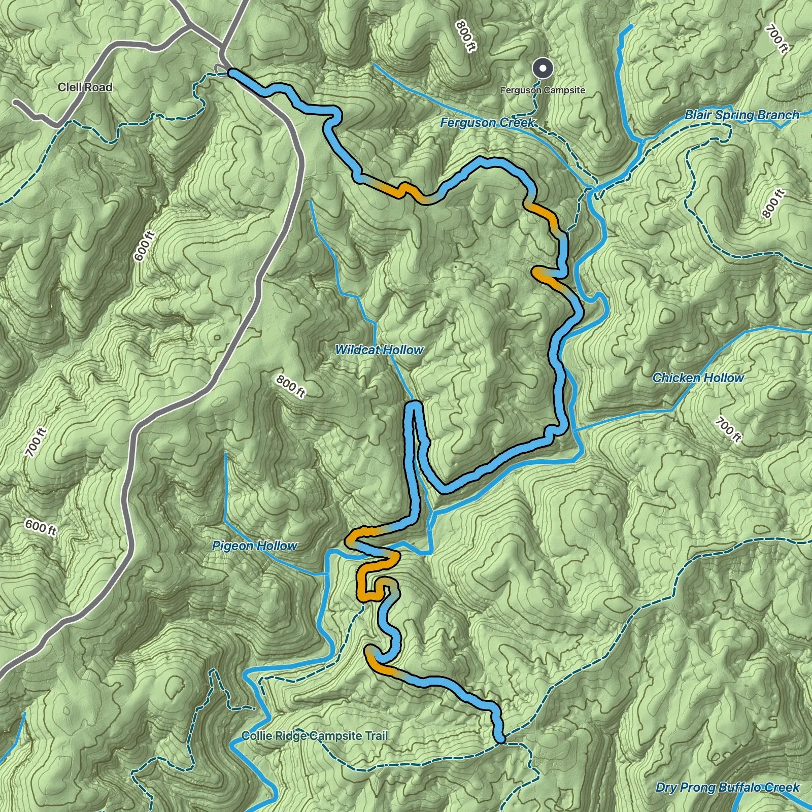 Terrain map of Wet Prong Trail in Mammoth Cave National Park
