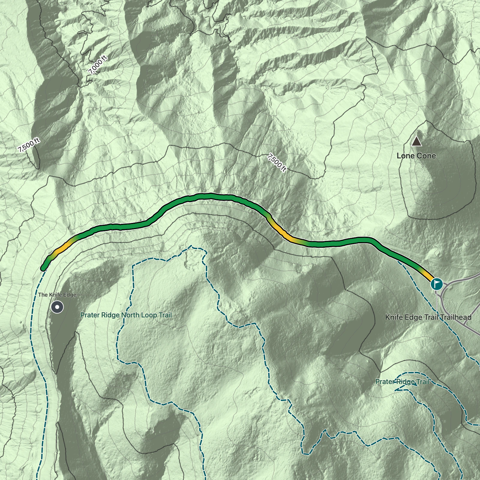 Terrain map of Knife Edge Trail in Mesa Verde National Park