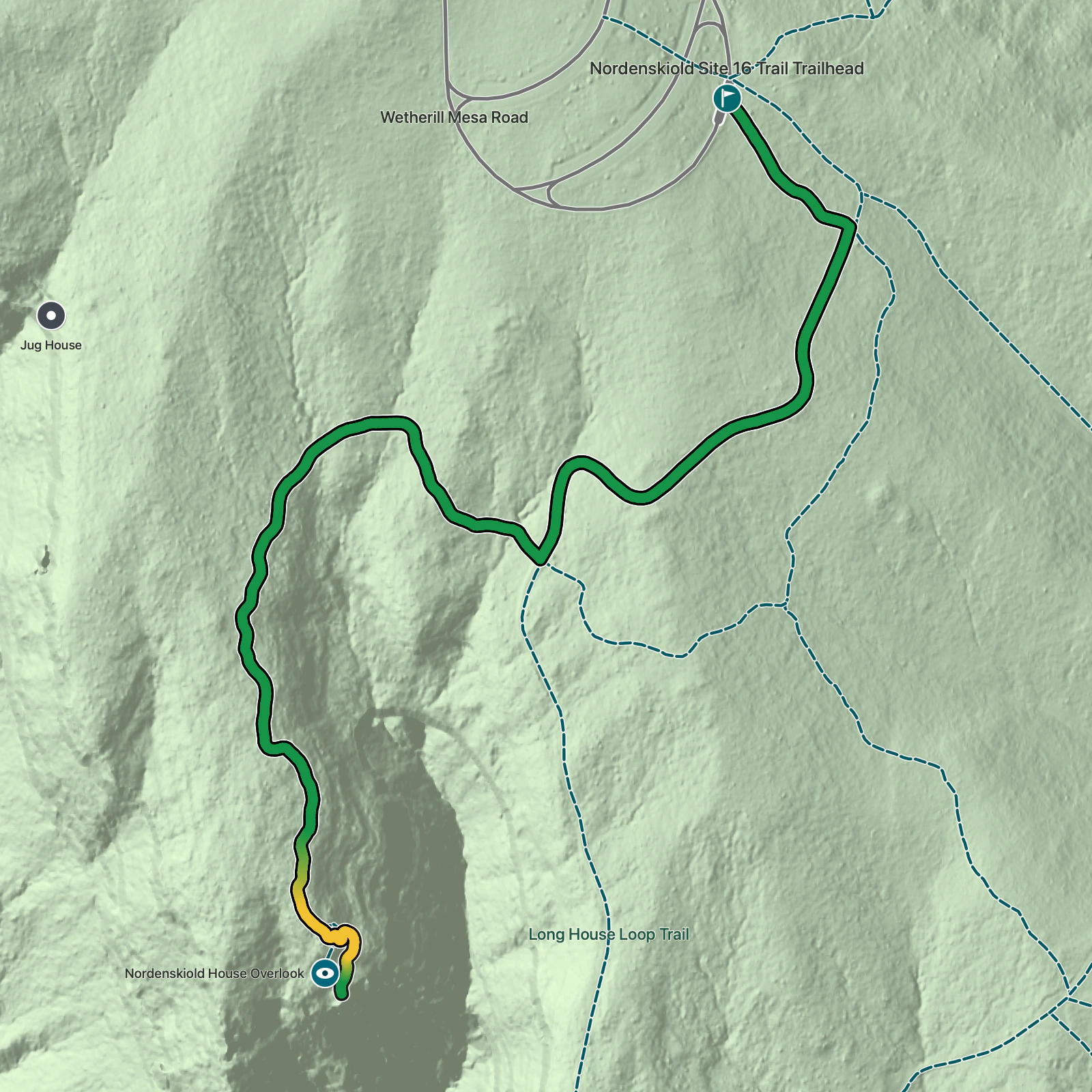 Terrain map of Nordenskiöld Site #16 Trail in Mesa Verde National Park