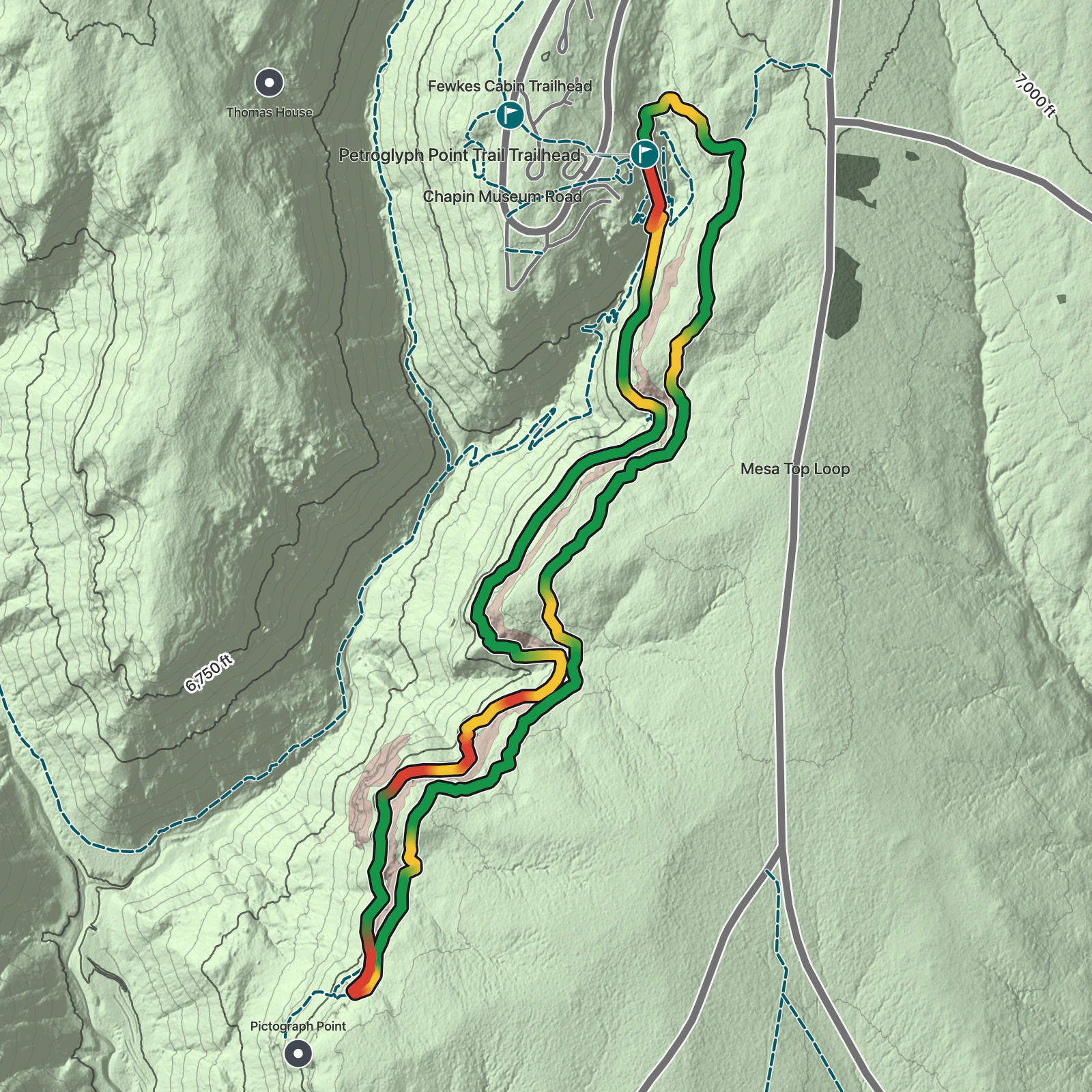 Terrain map of Petroglyph Point Trail in Mesa Verde National Park