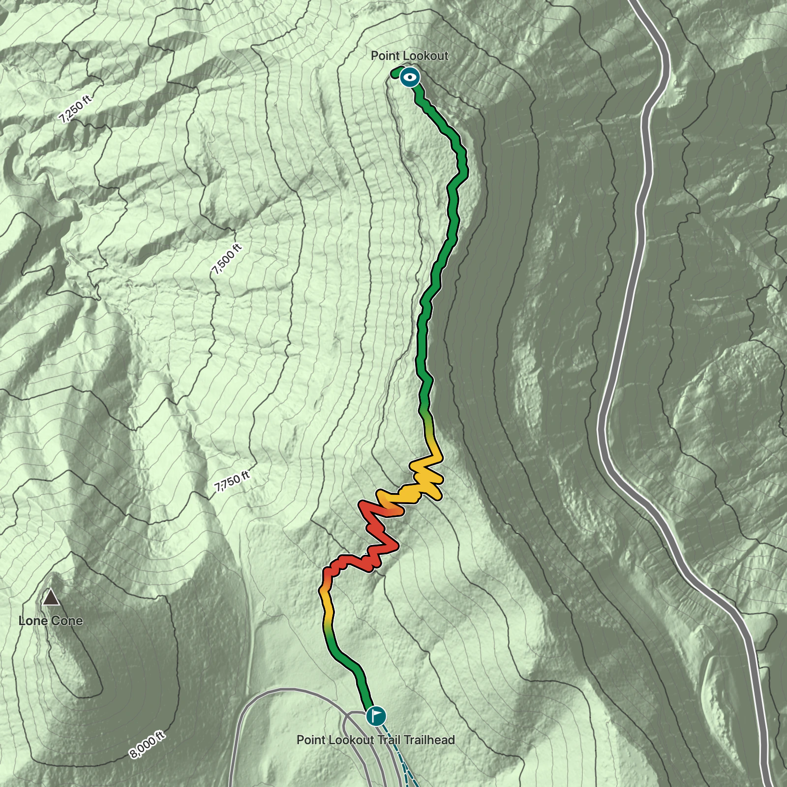 Terrain map of Point Lookout Trail in Mesa Verde National Park