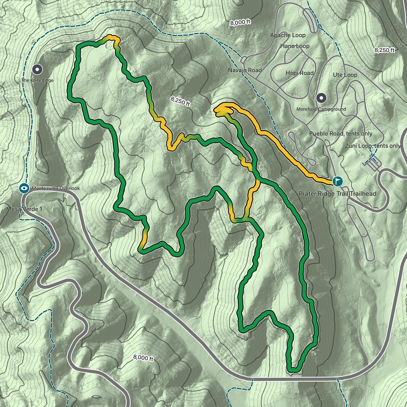 Terrain map of Prater Ridge Trail in Mesa Verde National Park
