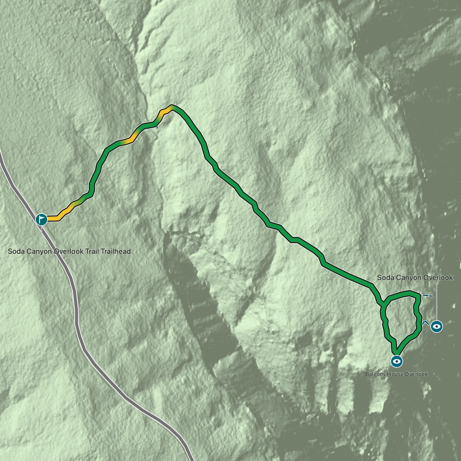 Terrain map of Soda Canyon Overlook Trail in Mesa Verde National Park