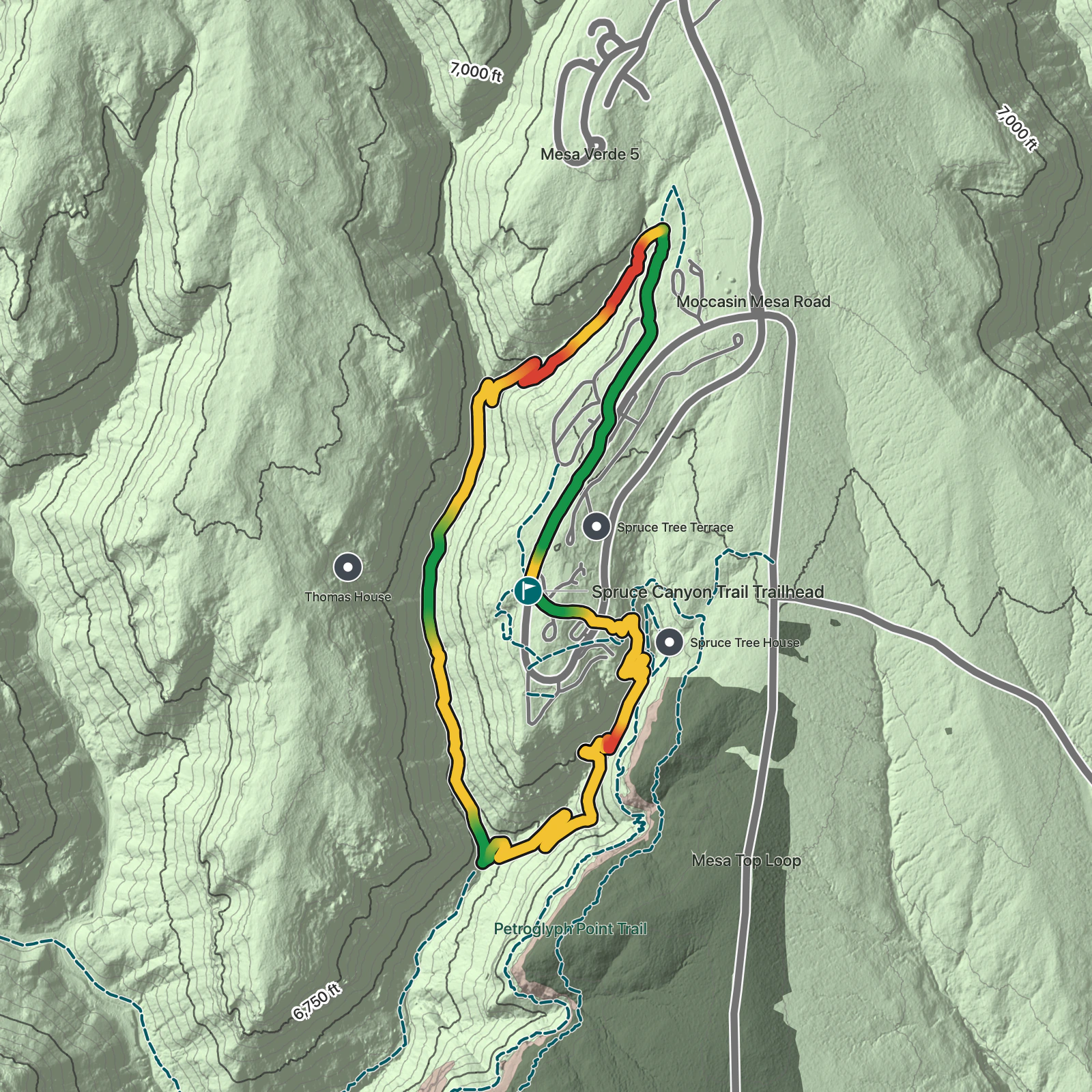 Terrain map of Spruce Canyon Trail in Mesa Verde National Park