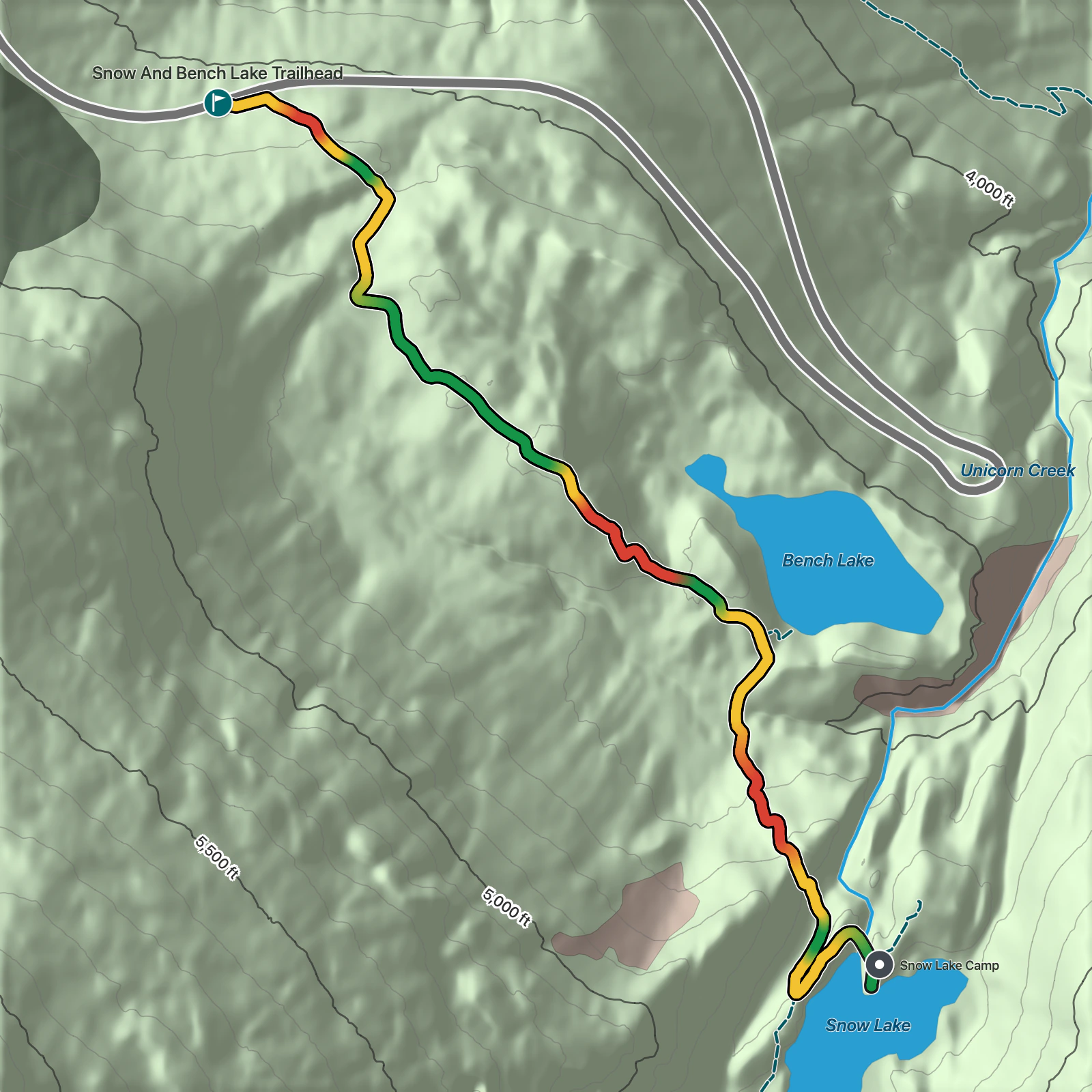 Terrain map of Bench and Snow Lakes Trail in Mount Rainier National Park