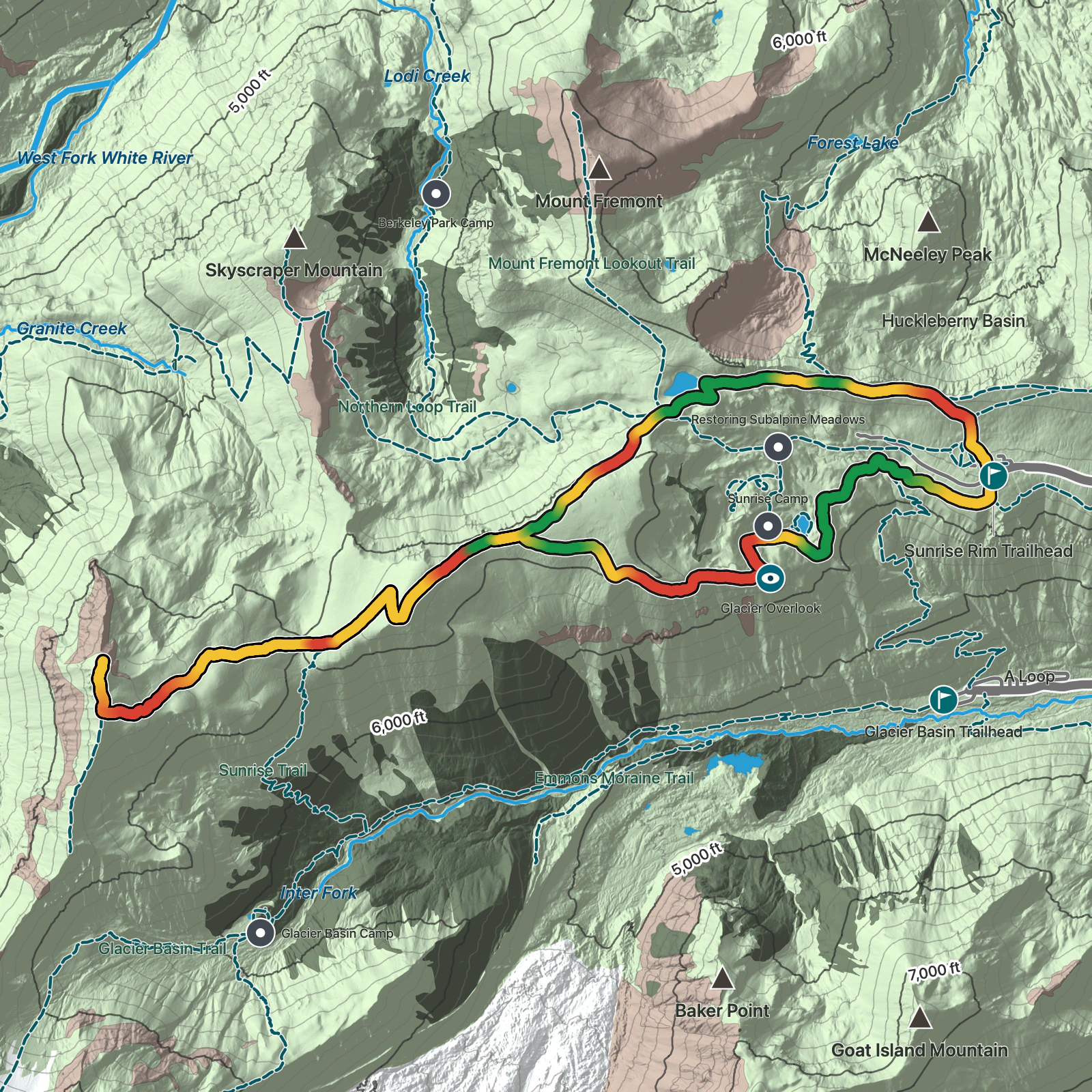 Terrain map of Burroughs Mountain Loop in Mount Rainier National Park