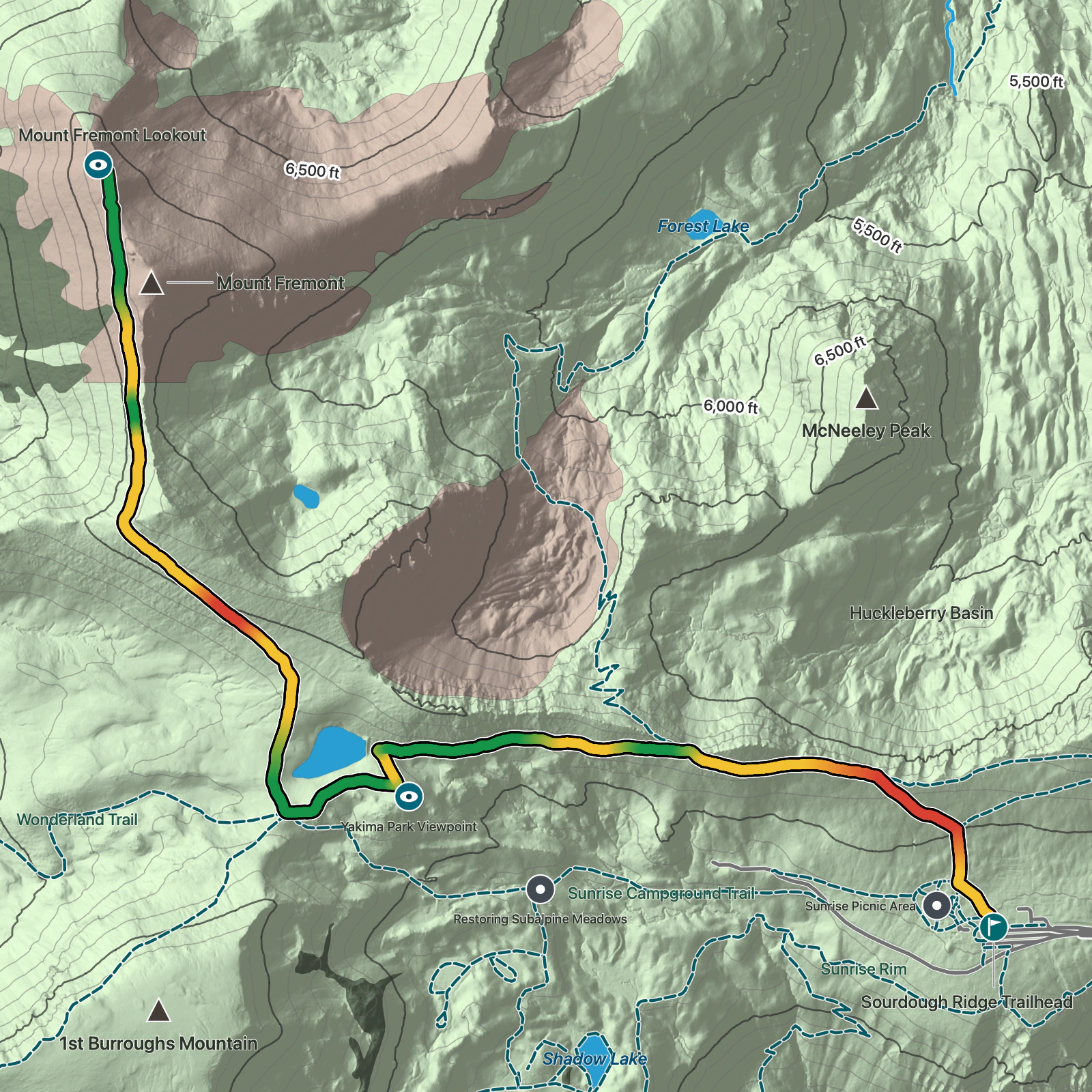 Terrain map of Mount Fremont Lookout via Sourdough Ridge in Mount Rainier National Park