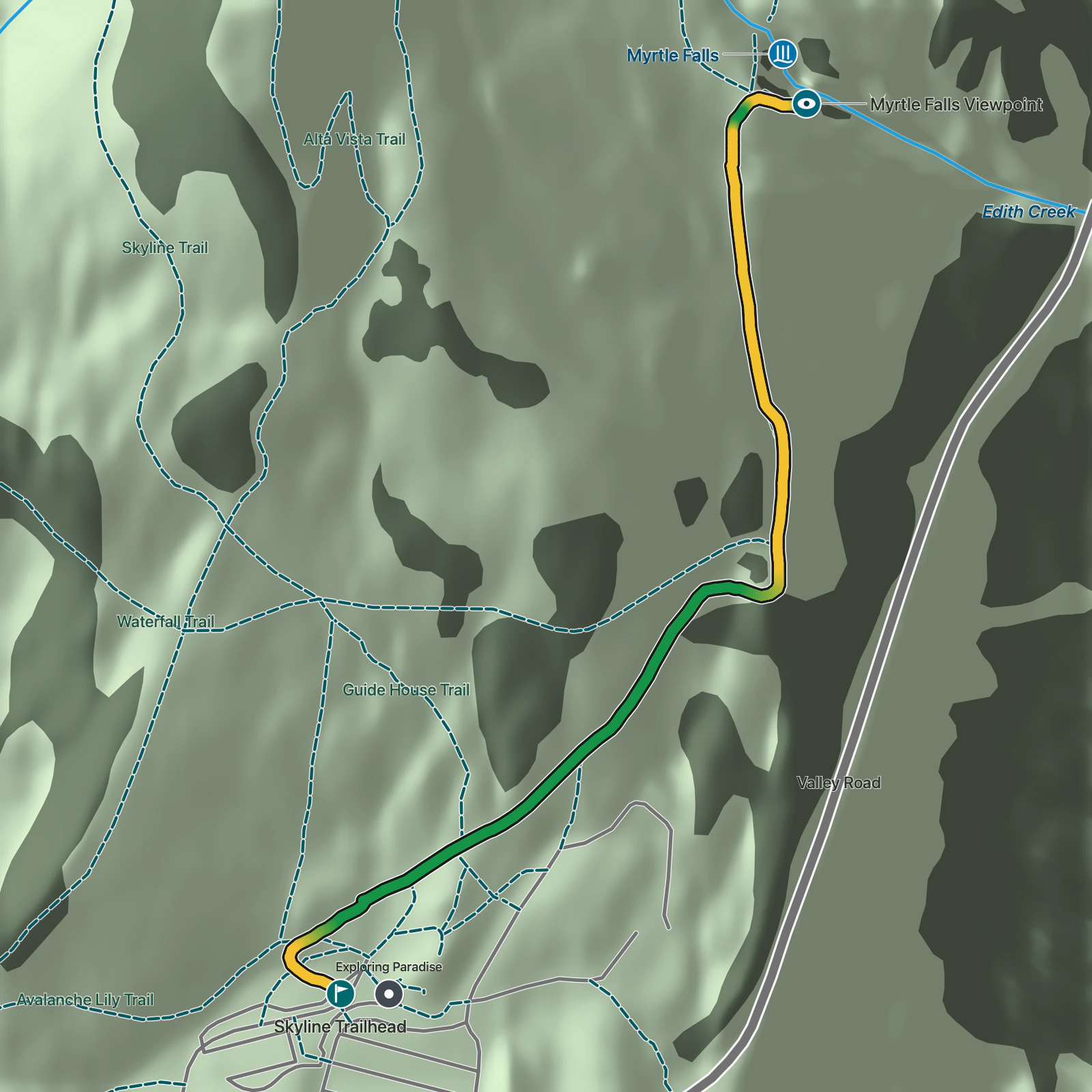 Terrain map of Myrtle Falls via Skyline Trail in Mount Rainier National Park