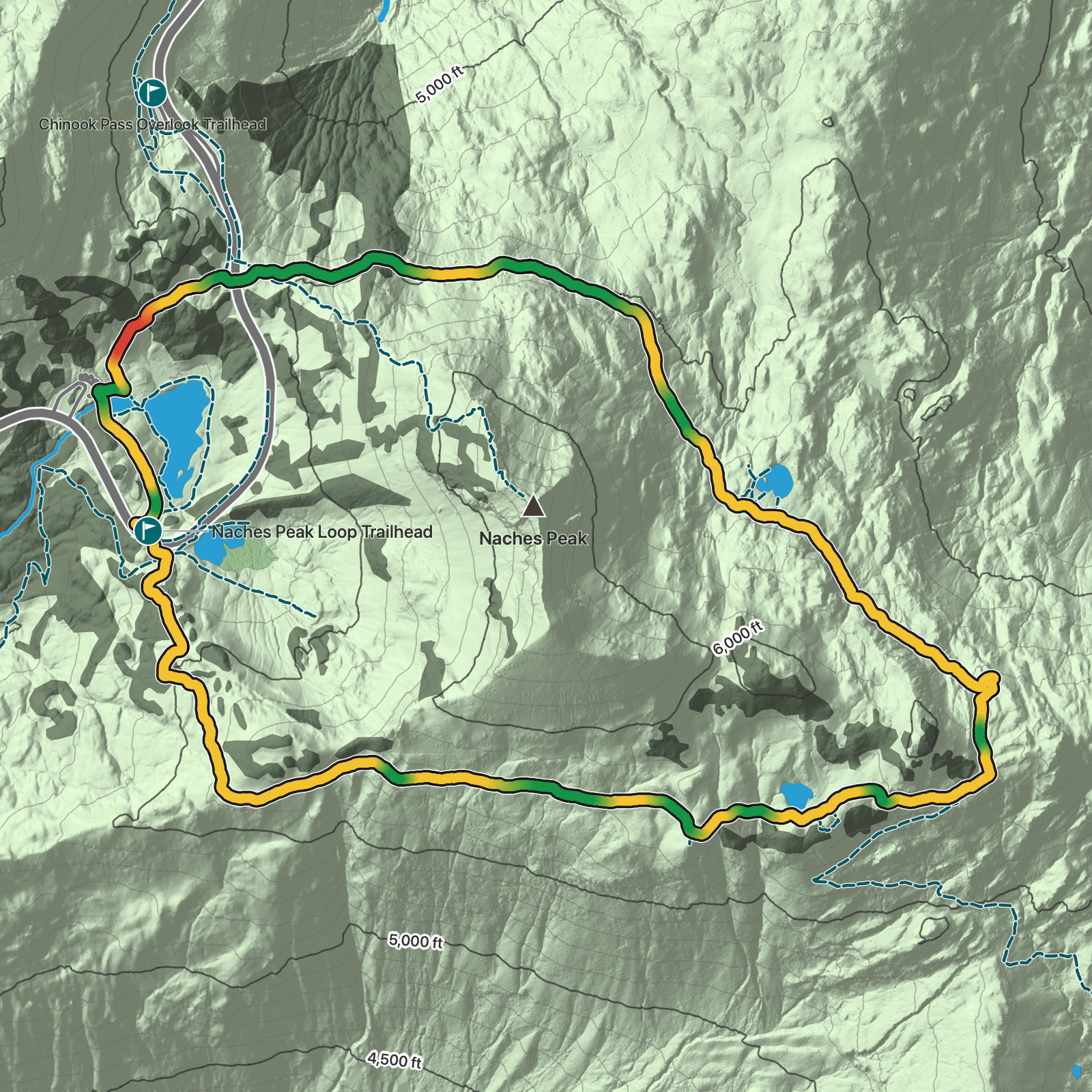 Terrain map of Naches Peak Loop Trail in Mount Rainier National Park