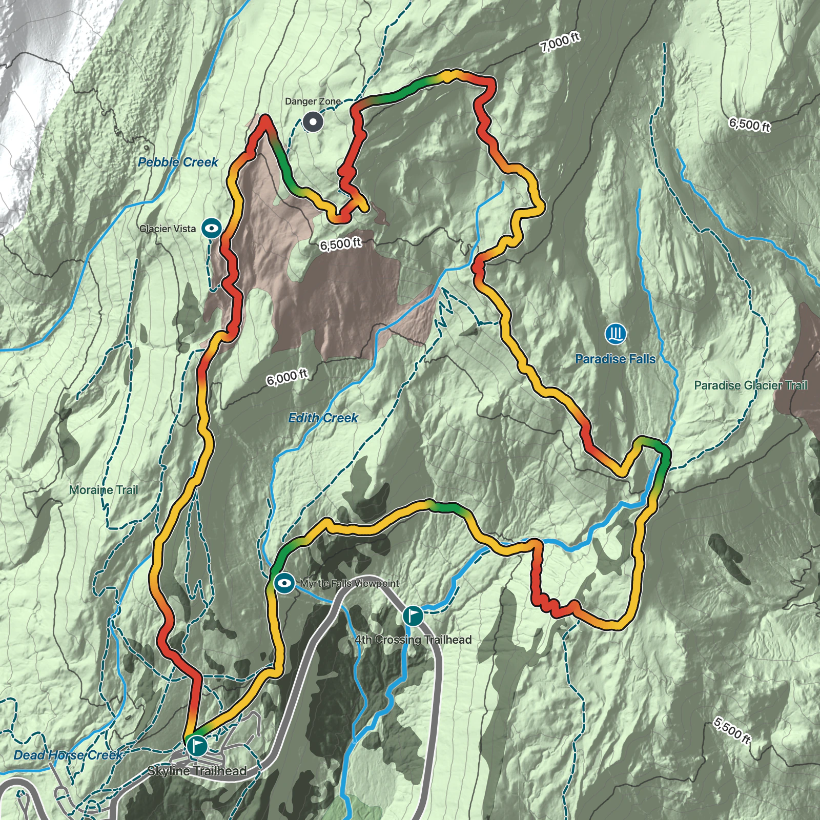 Terrain map of Skyline Loop in Mount Rainier National Park