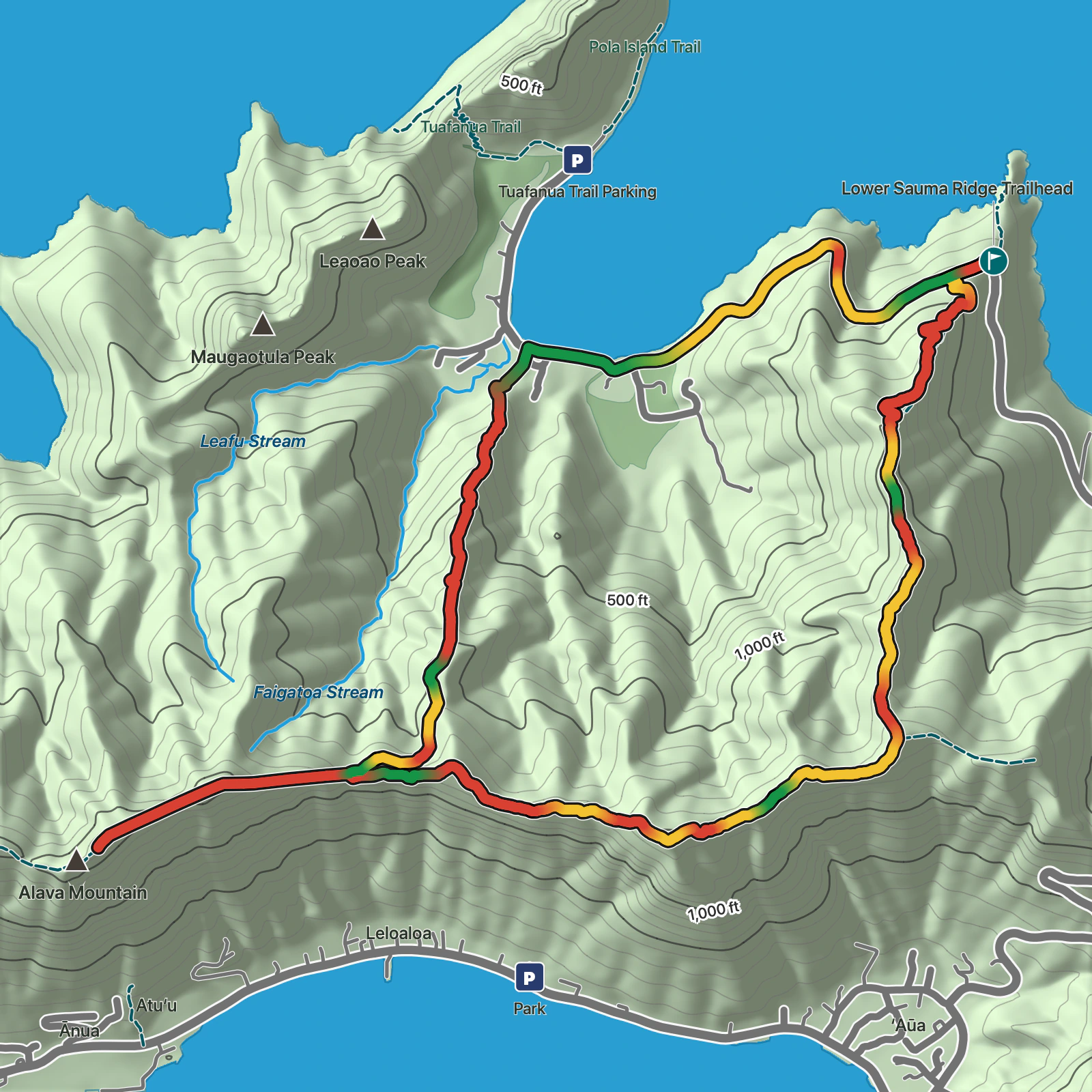 Terrain map of Mount ‘Alava Adventure Trail in National Park of American Samoa