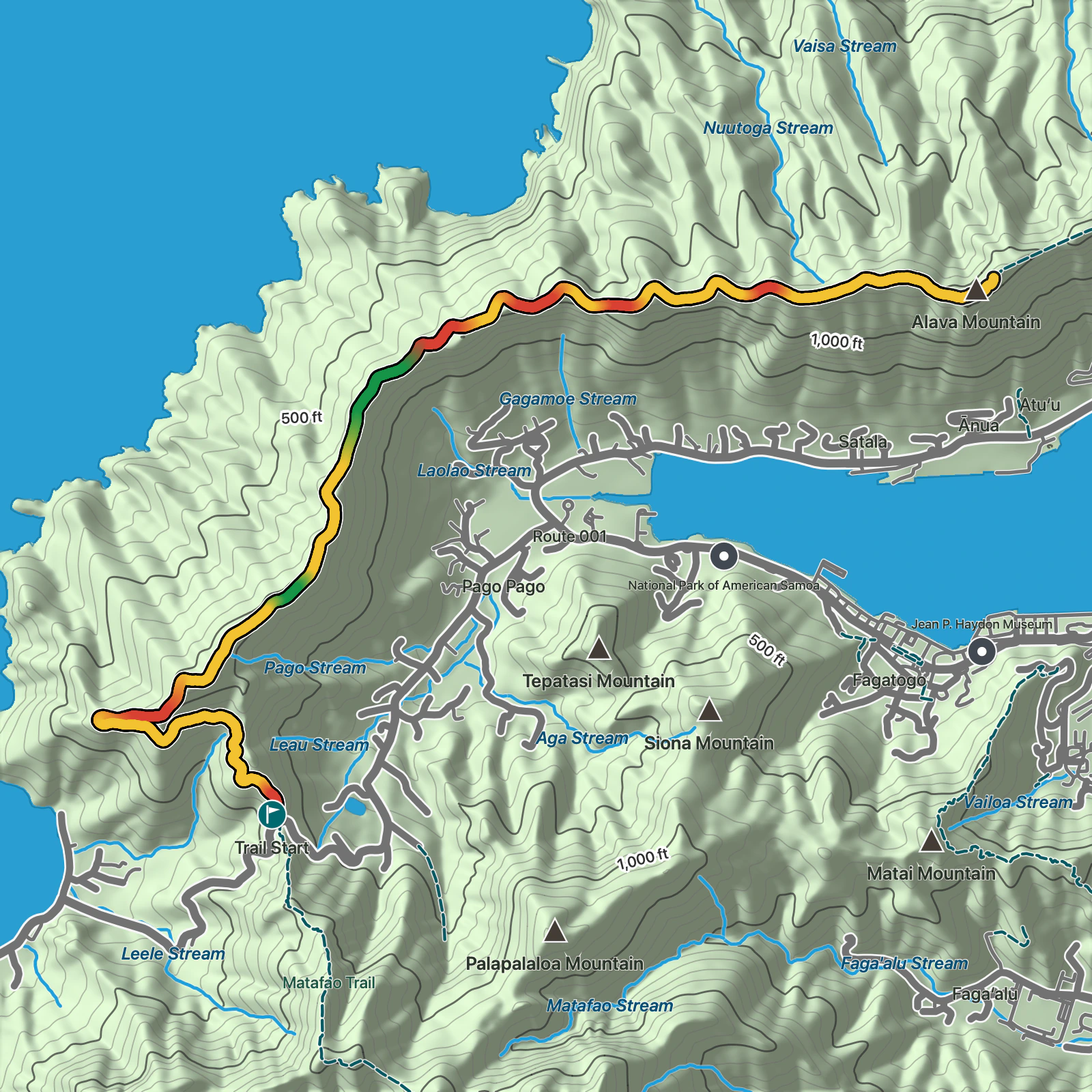 Terrain map of Mount ‘Alava Trail in National Park of American Samoa