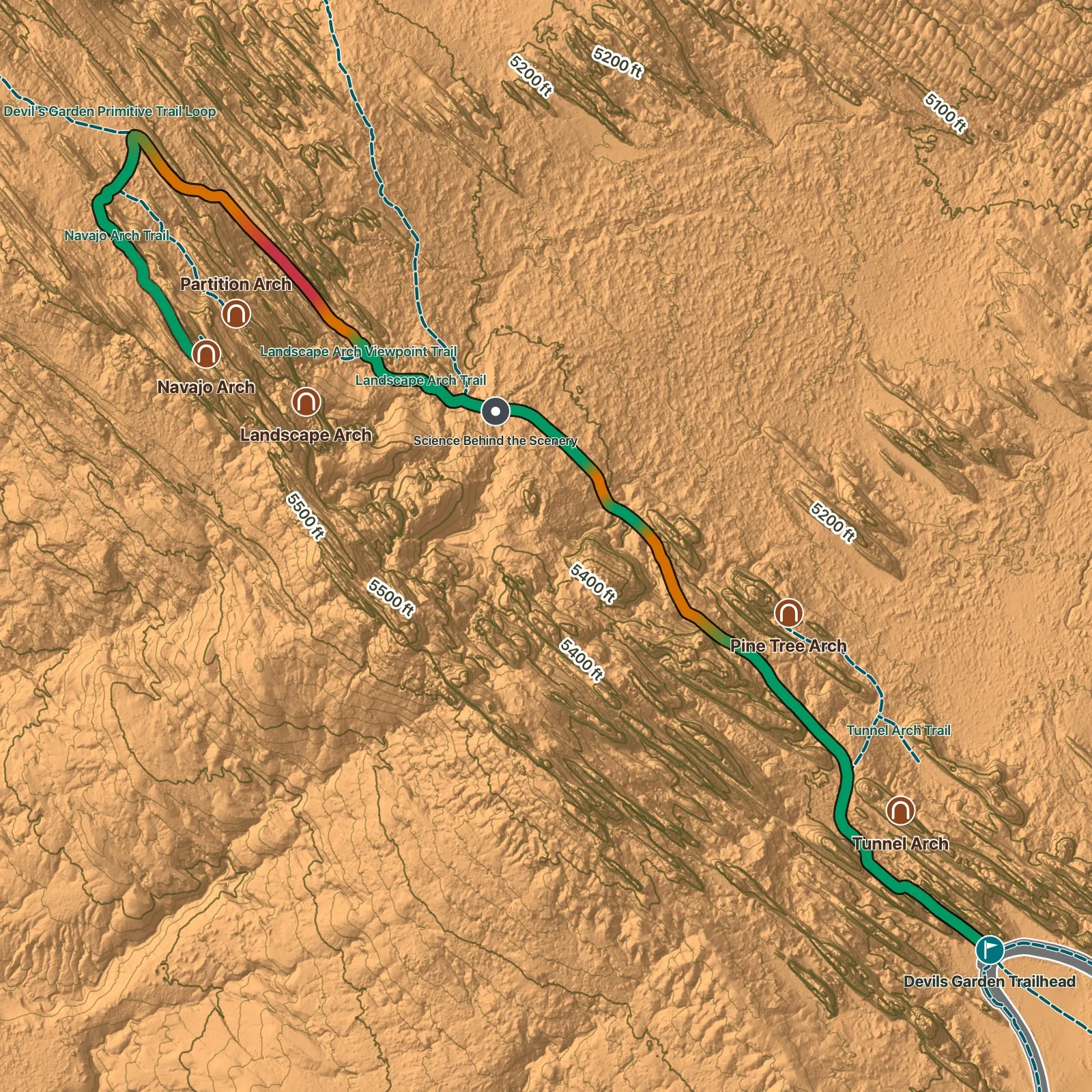 Terrain map of Navajo Arch Trail in Arches National Park