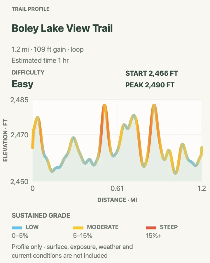 Elevation profile for Boley Lake View Trail in New River Gorge National Park and Preserve
