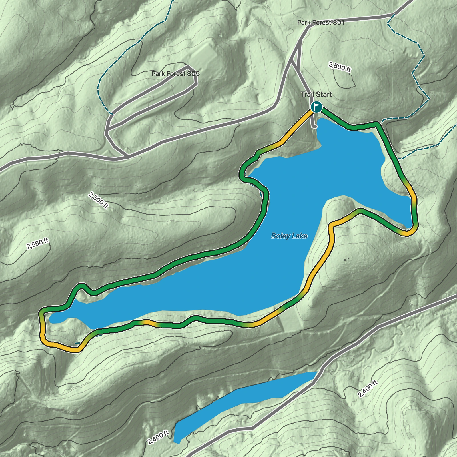 Terrain map of Boley Lake View Trail in New River Gorge National Park and Preserve