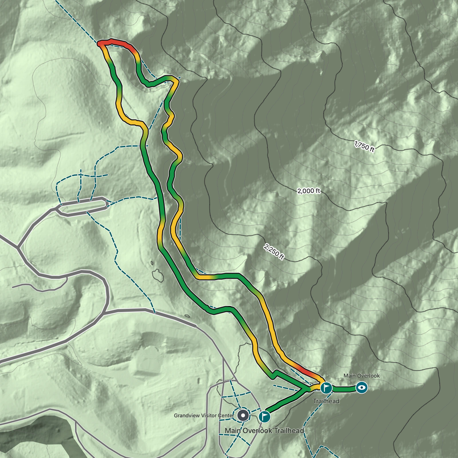 Terrain map of Castle Rock Trail in New River Gorge National Park and Preserve