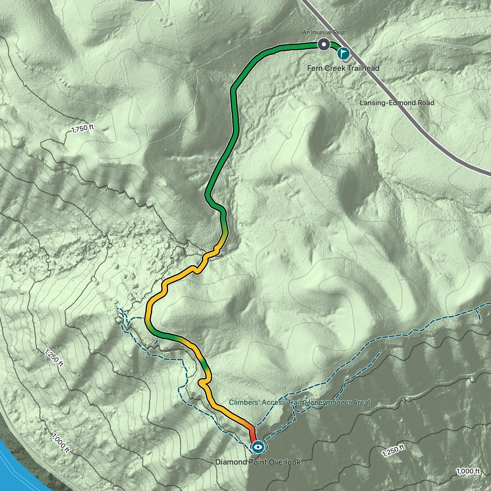 Terrain map of Diamond Point Overlook via Endless Wall Trail in New River Gorge National Park and Preserve